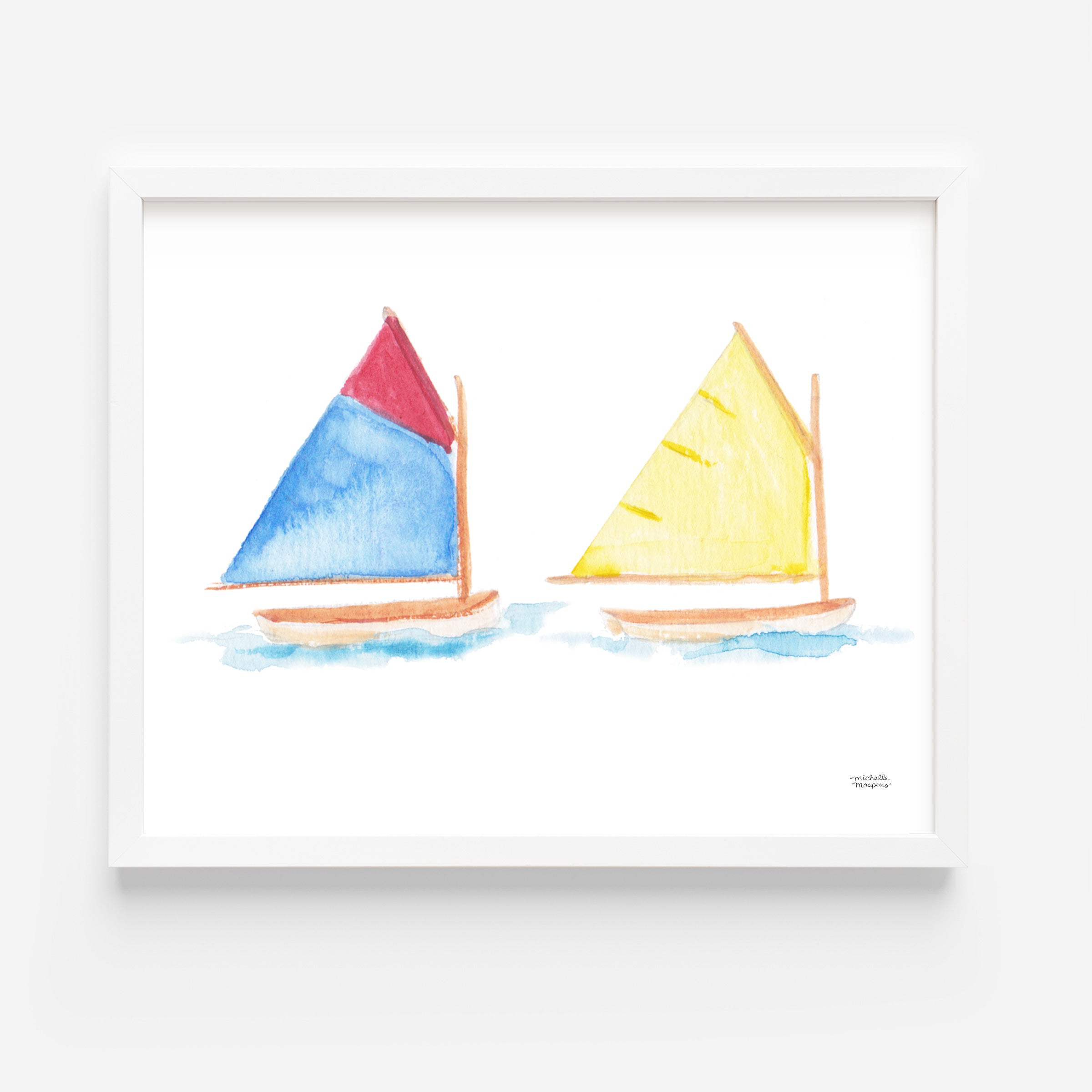 Cute Watercolor Sailboats Wall Art Print by Michelle Mospens Nursery Kids Room Decor