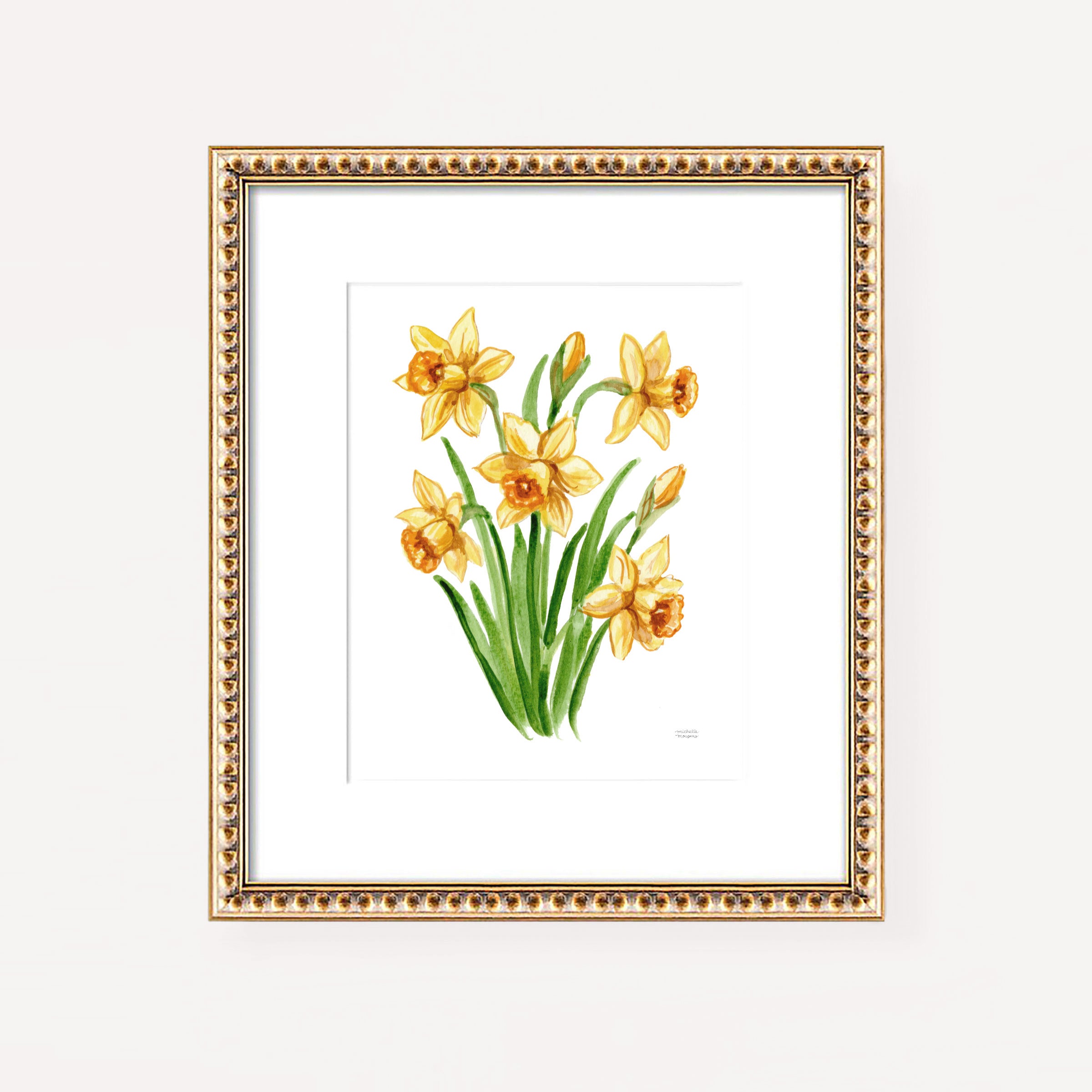 Yellow Daffodil Flowers Botanical Floral Watercolor Wall Art Print by Michelle Mospens