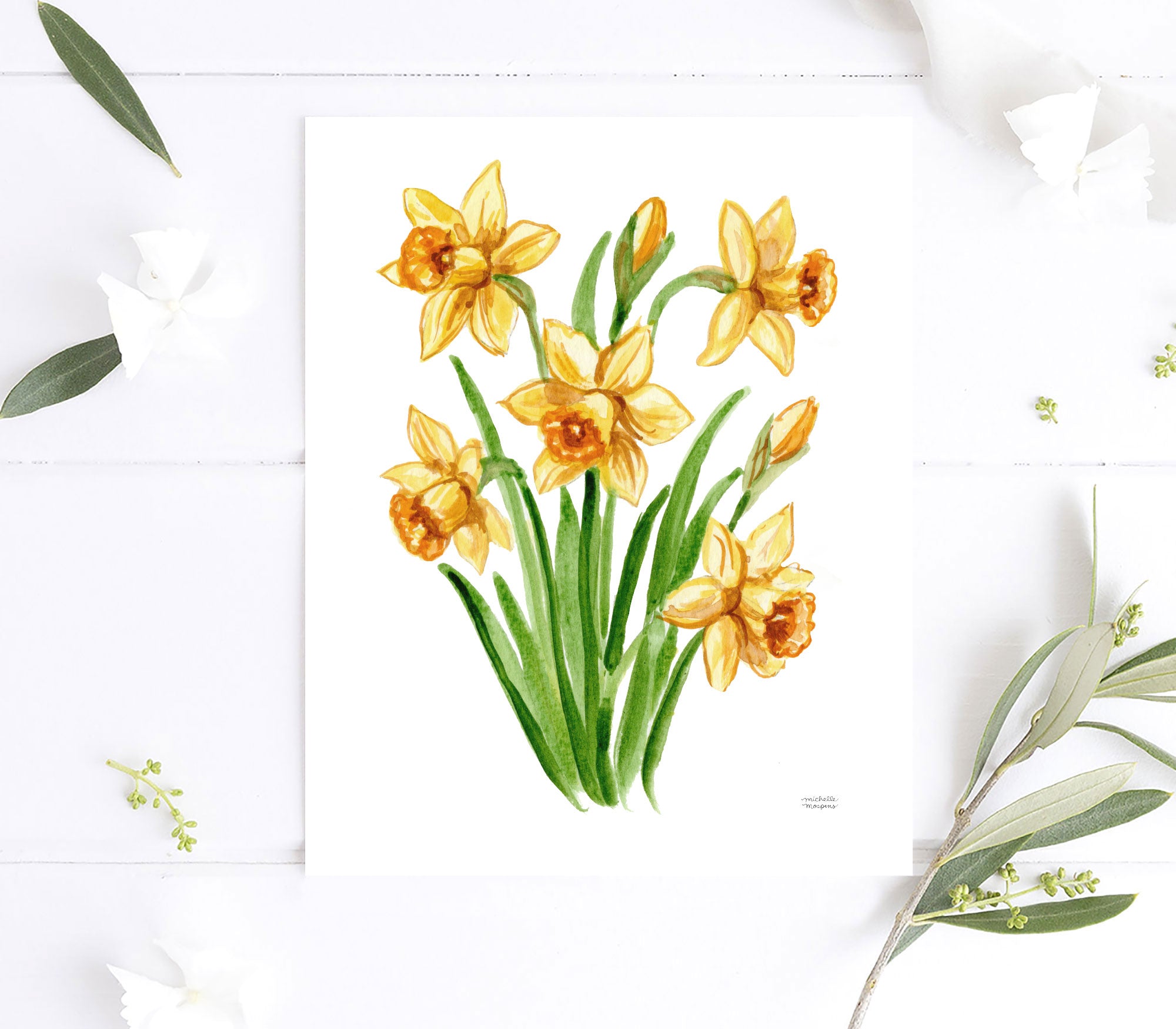 Yellow Daffodil Flowers Botanical Floral Watercolor Wall Art Print by Michelle Mospens