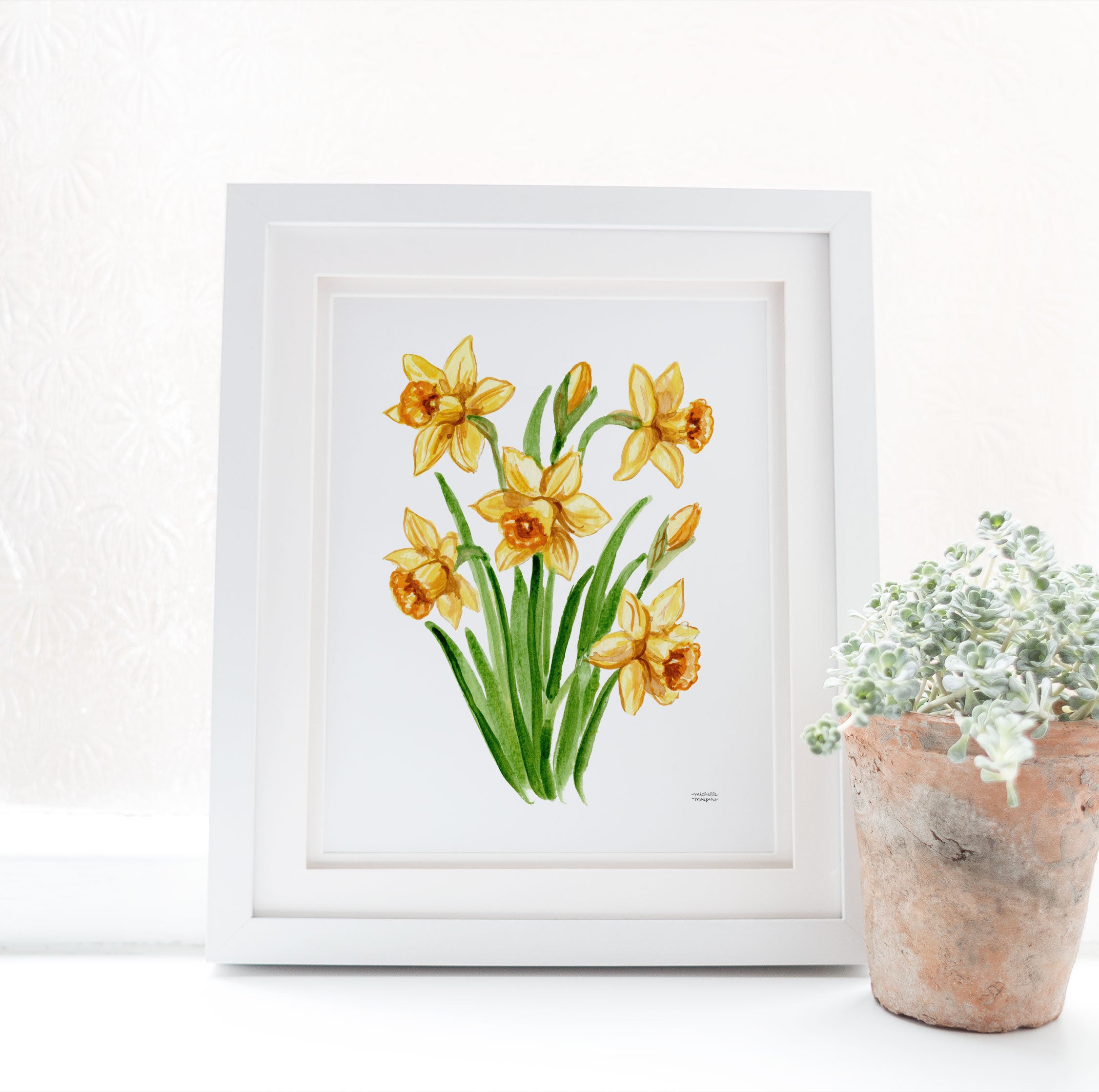 Yellow Daffodil Flowers Botanical Floral Watercolor Wall Art Print by Michelle Mospens