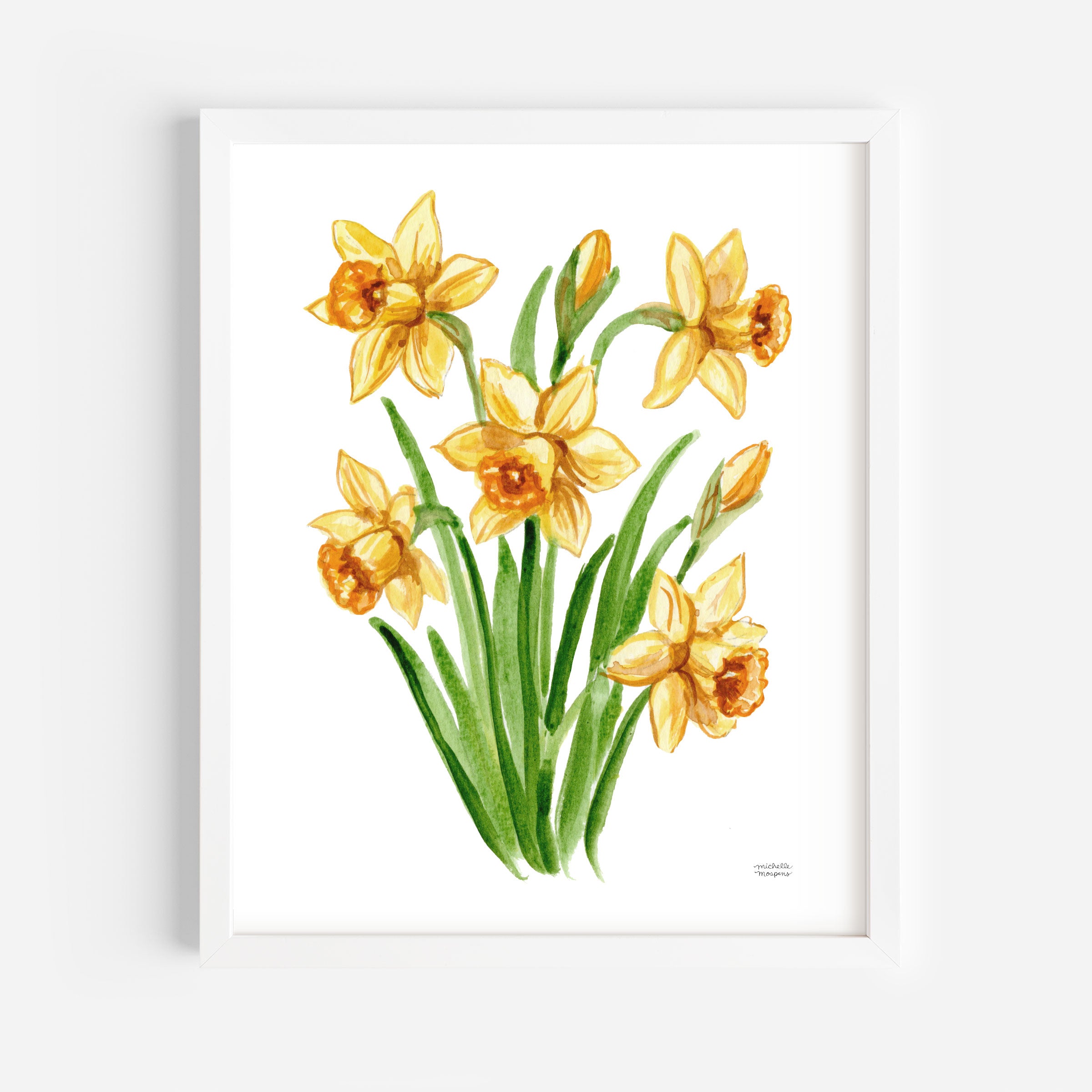 Yellow Daffodil Flowers Botanical Floral Watercolor Wall Art Print by Michelle Mospens