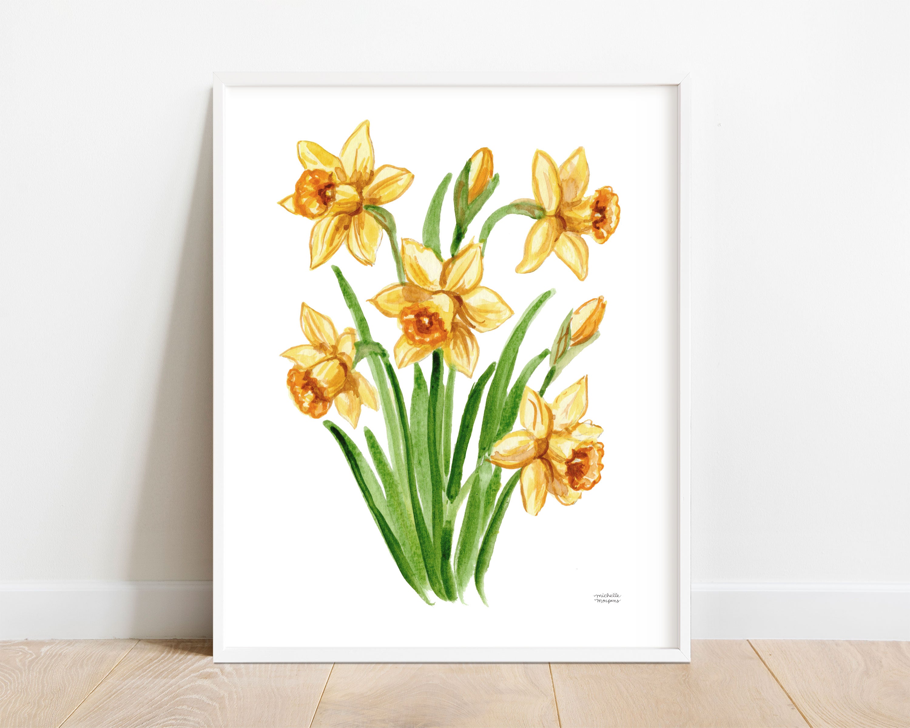 Yellow Daffodil Flowers Botanical Floral Watercolor Wall Art Print by Michelle Mospens