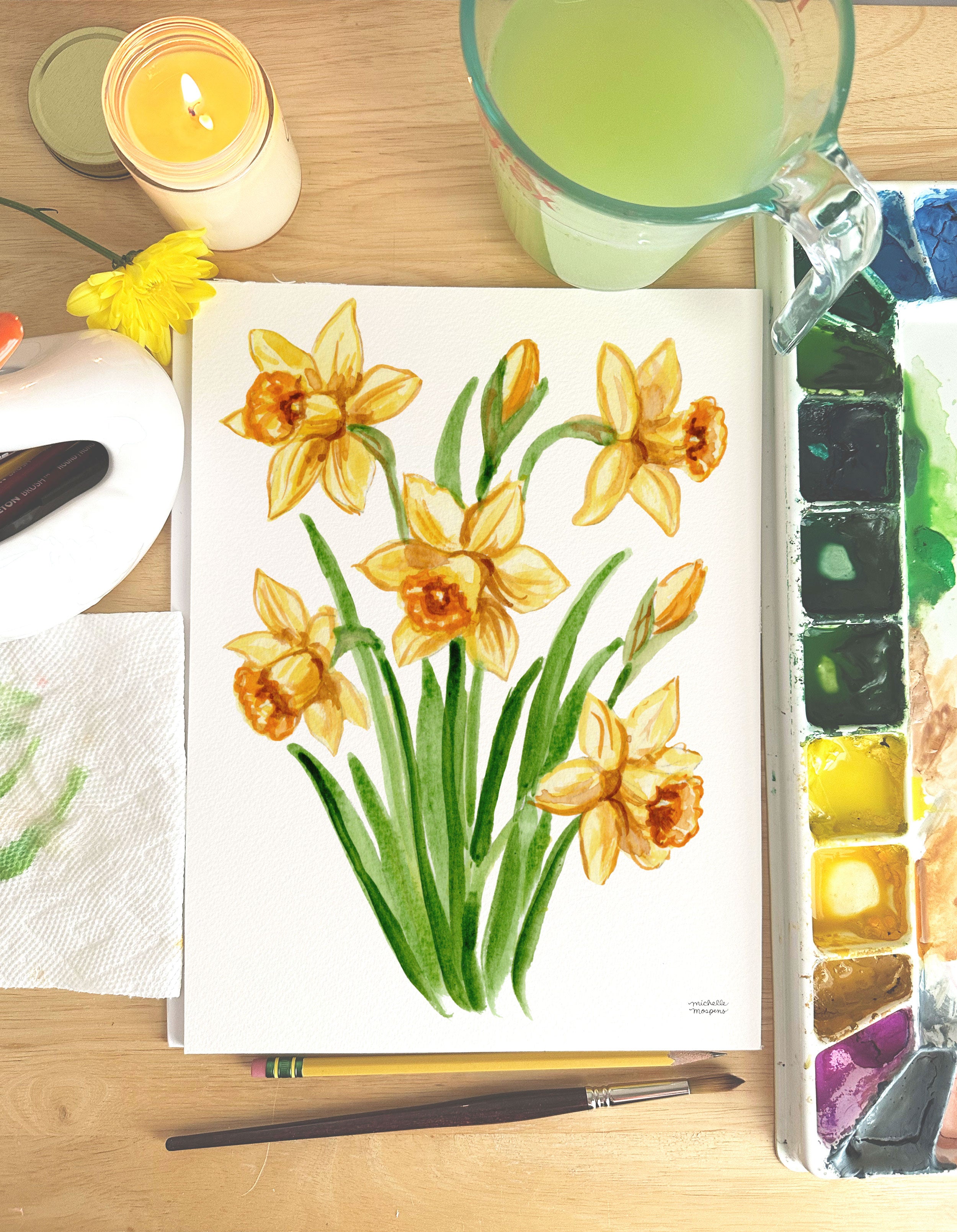 Yellow Daffodil Flowers Botanical Floral Watercolor Wall Art Print by Michelle Mospens