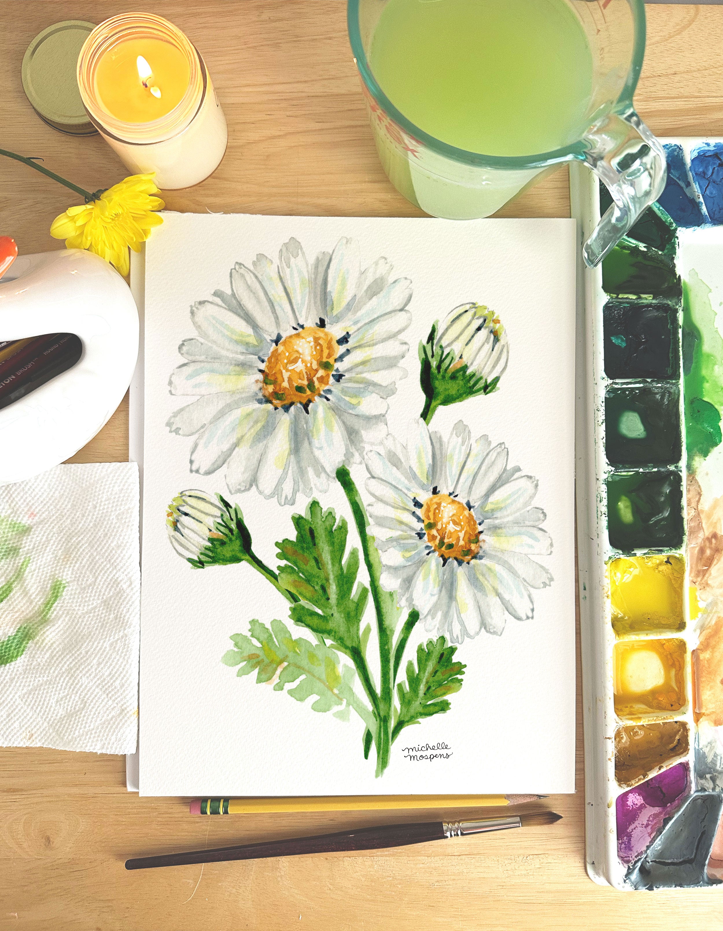 Daisy Flowers Botanical Floral Watercolor Wall Art Print by Michelle Mospens
