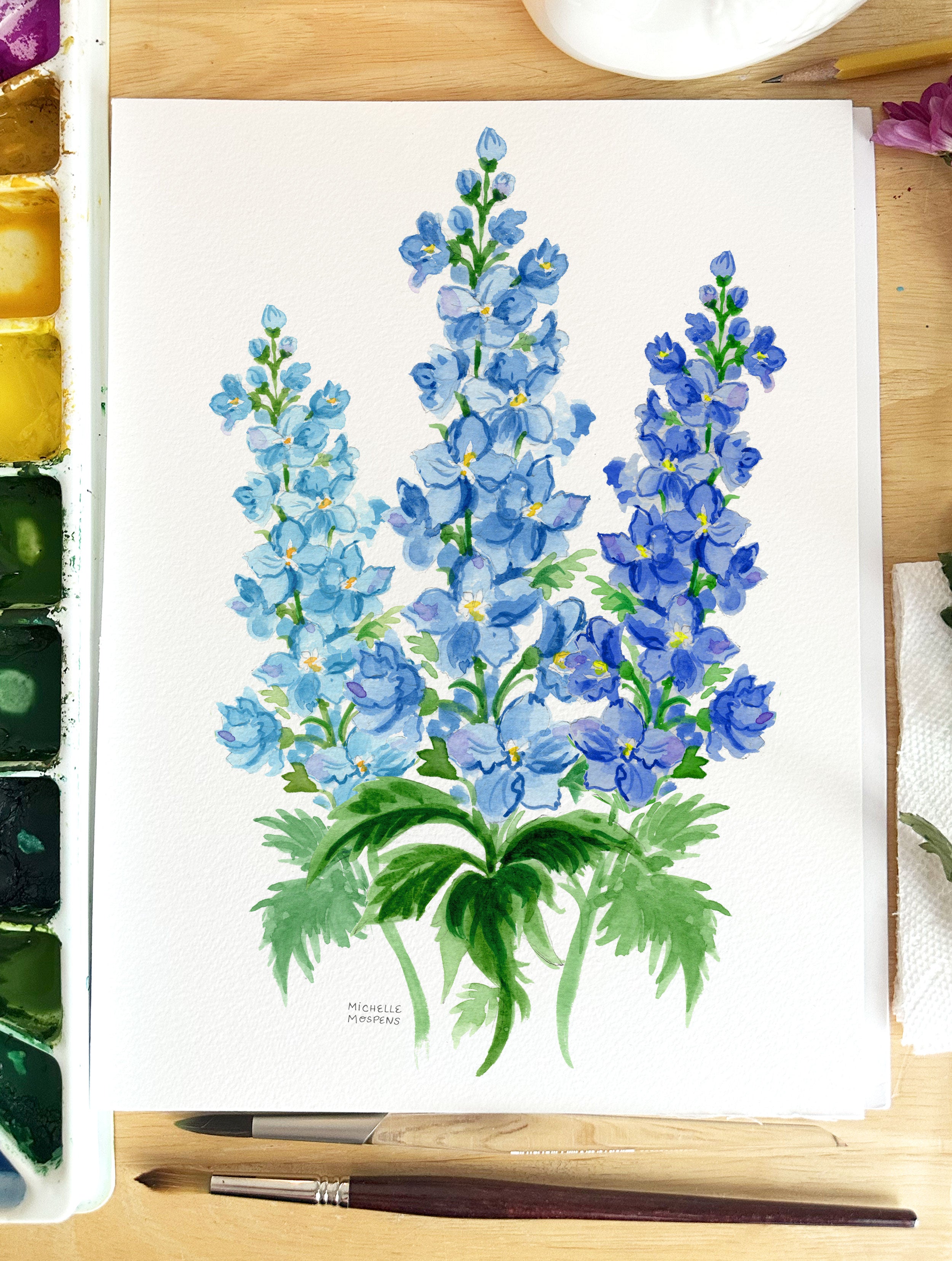 Blue Delphinium Flowers Botanical Floral Watercolor Wall Art Print by Michelle Mospens