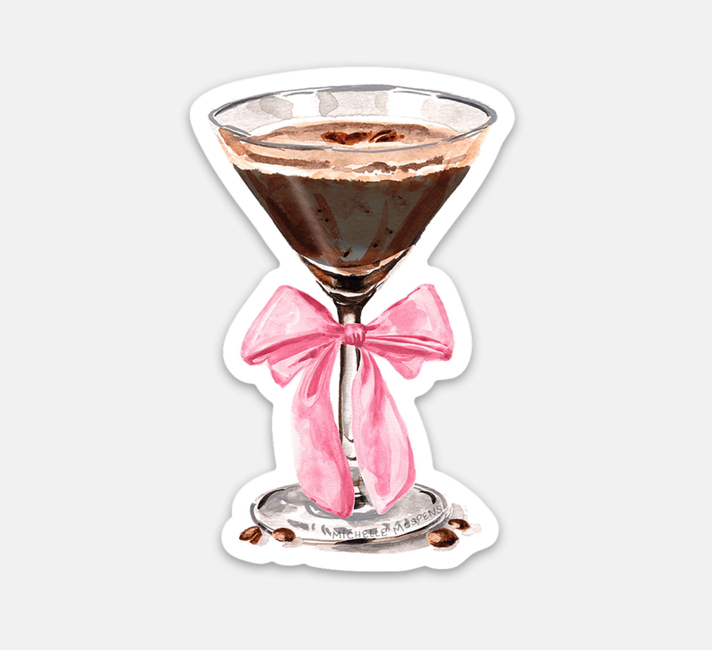Espresso Martini Cocktail with Bow Watercolor Illustrated Die-cut Sticker