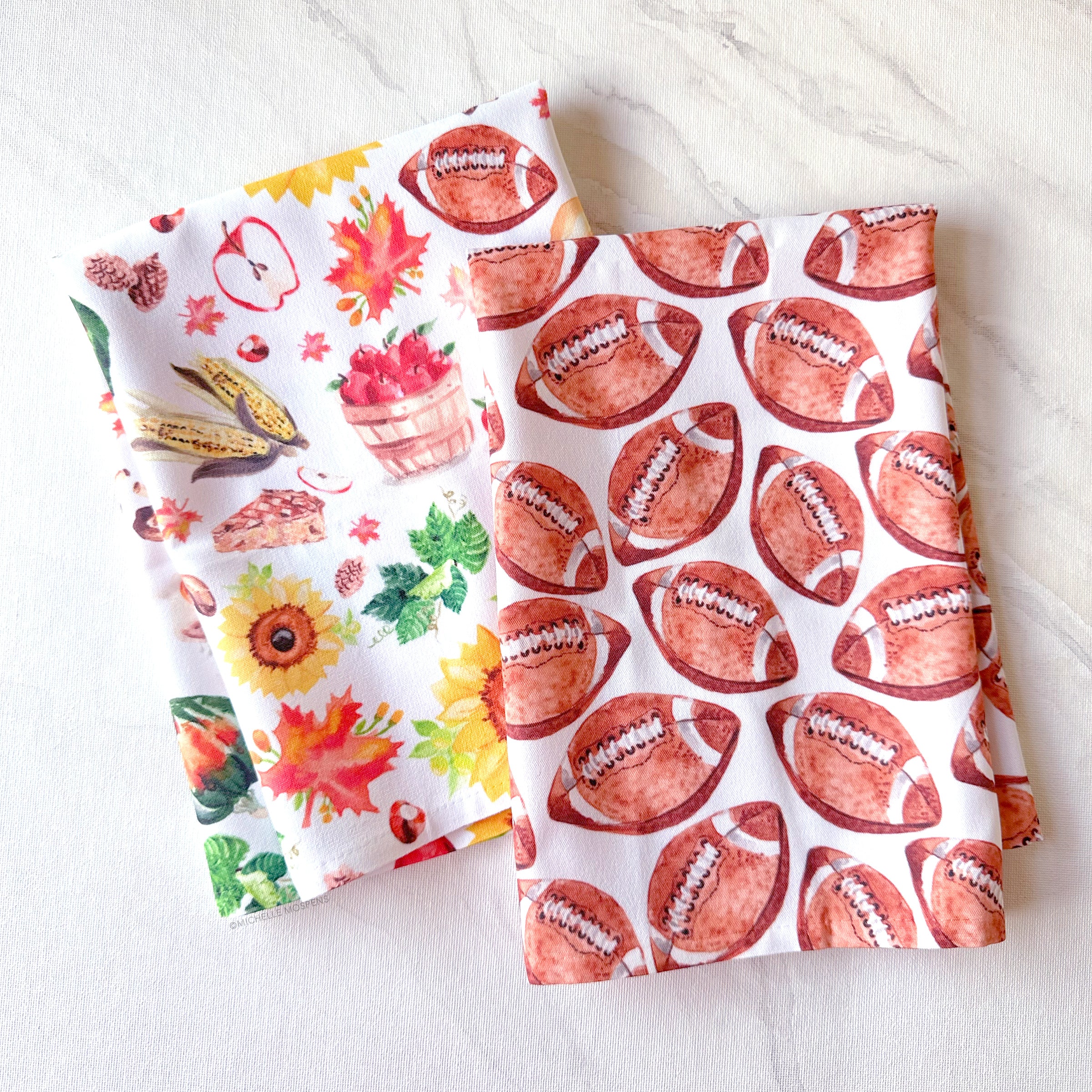 Watercolor Footballs Decorative Hostess Towel by Michelle Mospens | Vibrant 20" Square Polyester Towel
