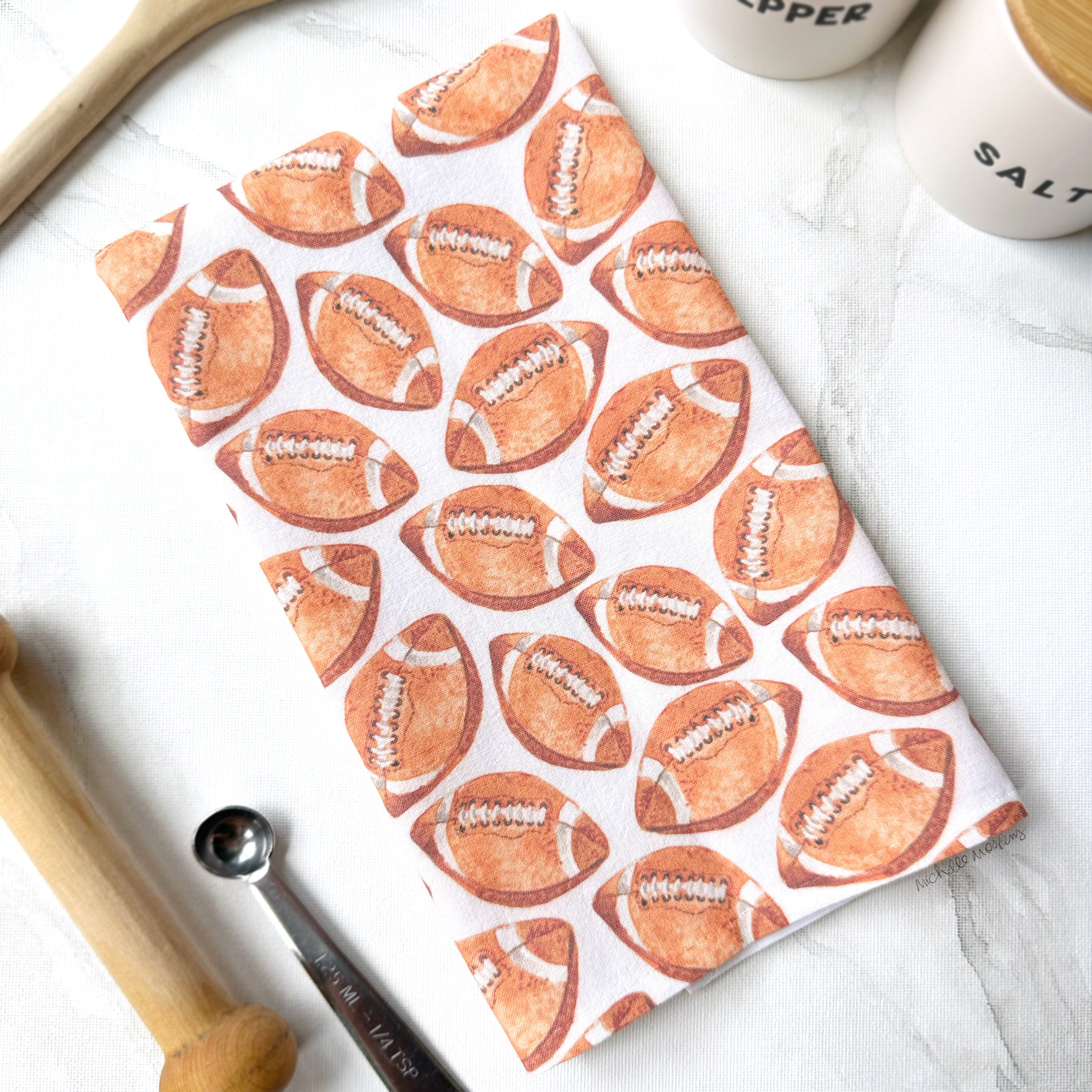 Watercolor Footballs Fall Kitchen Cotton Tea Towel by Michelle Mospens