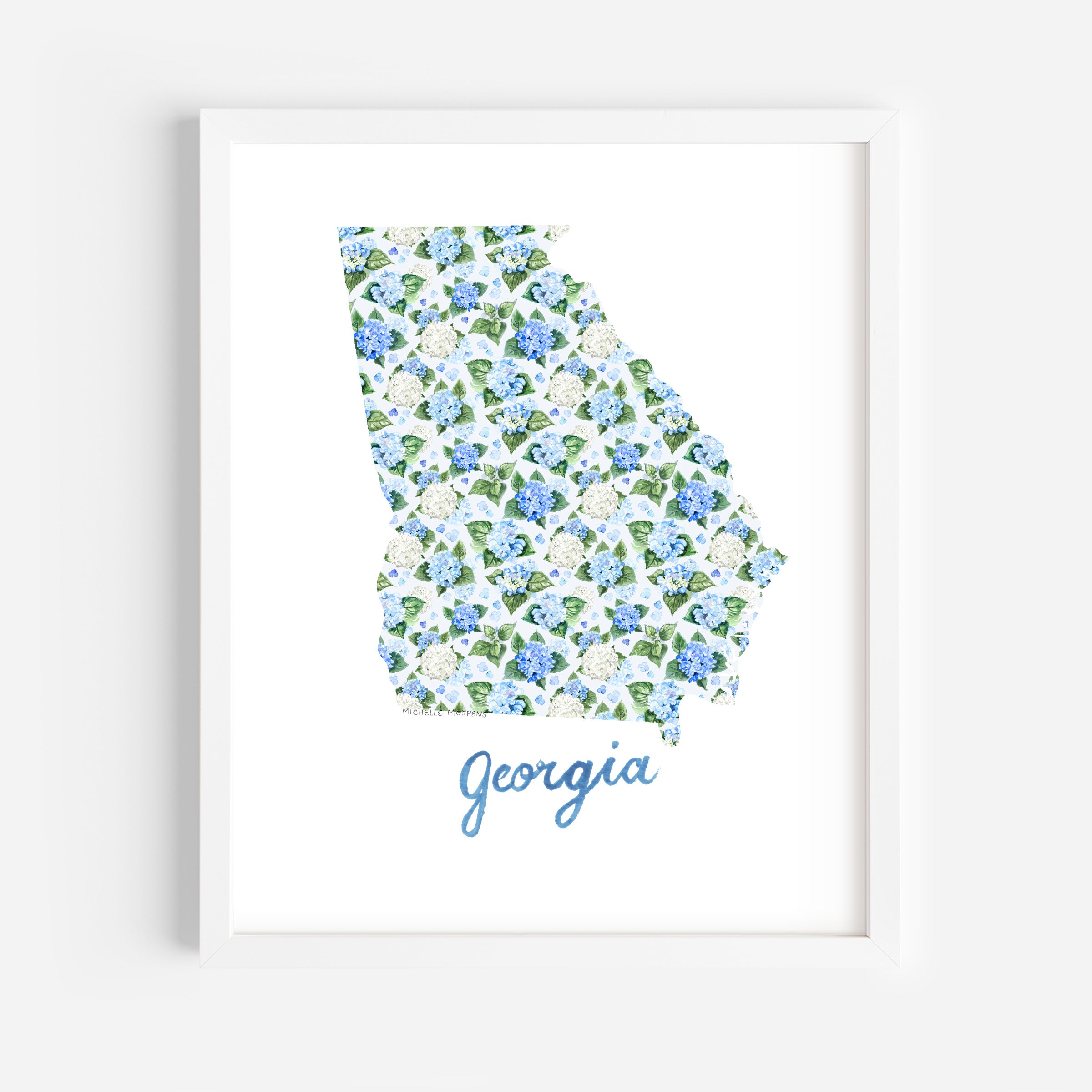 Watercolor hydrangea floral map of Georgia wall art print on a white coverstock, unframed, cute Georgia gift