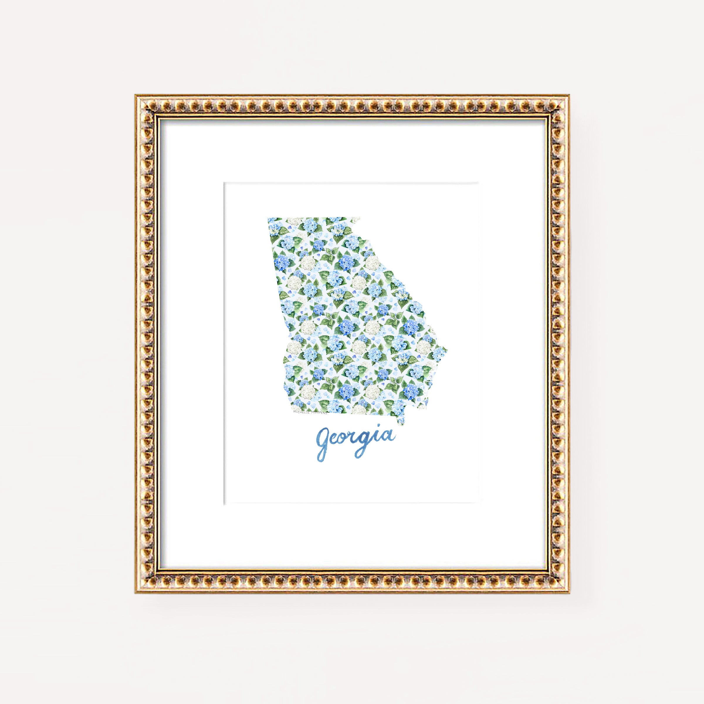 Watercolor hydrangea floral map of Georgia wall art print on a white coverstock, unframed, cute Georgia gift