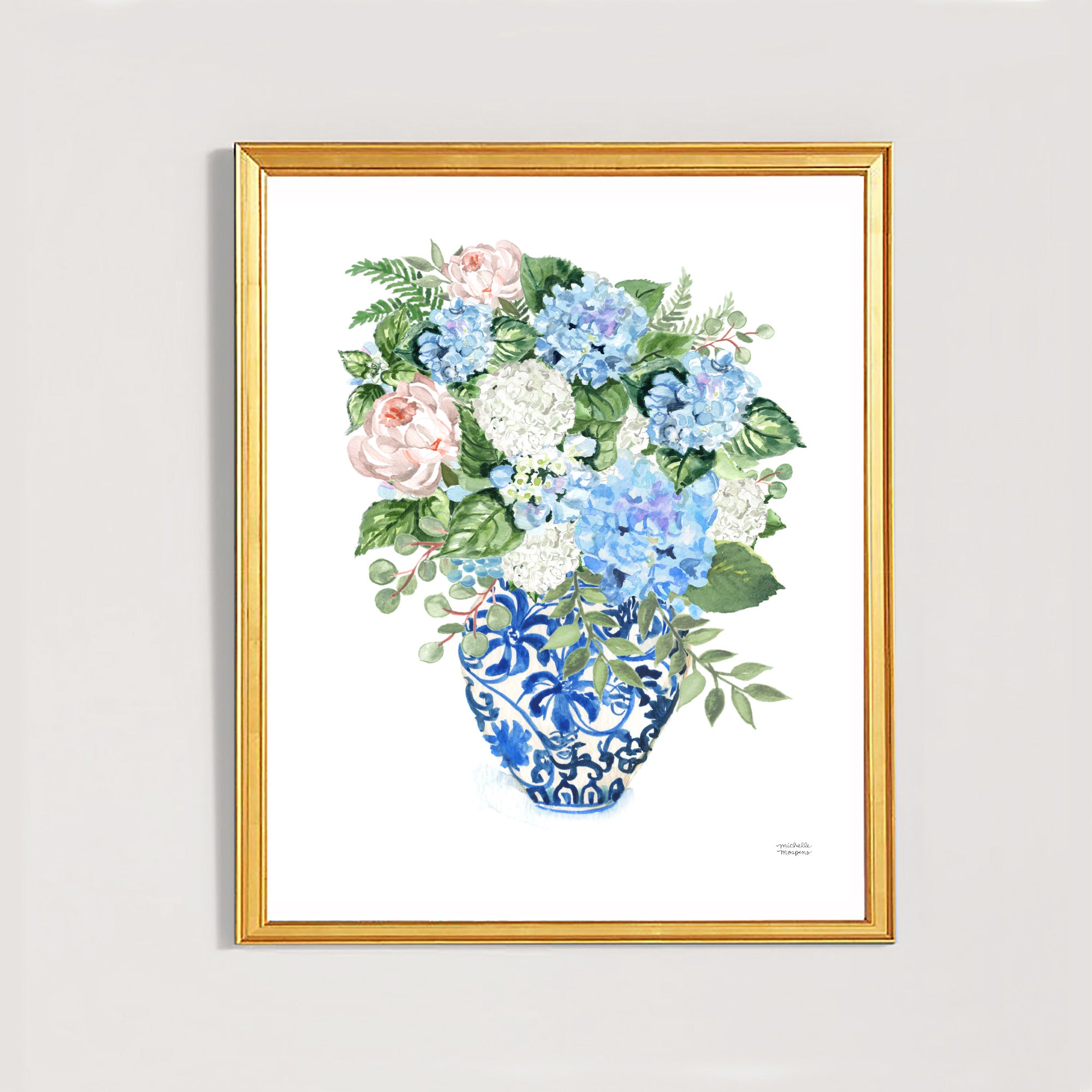 Chinoiserie Ginger Jar Bouquet No21 Watercolor Art Print