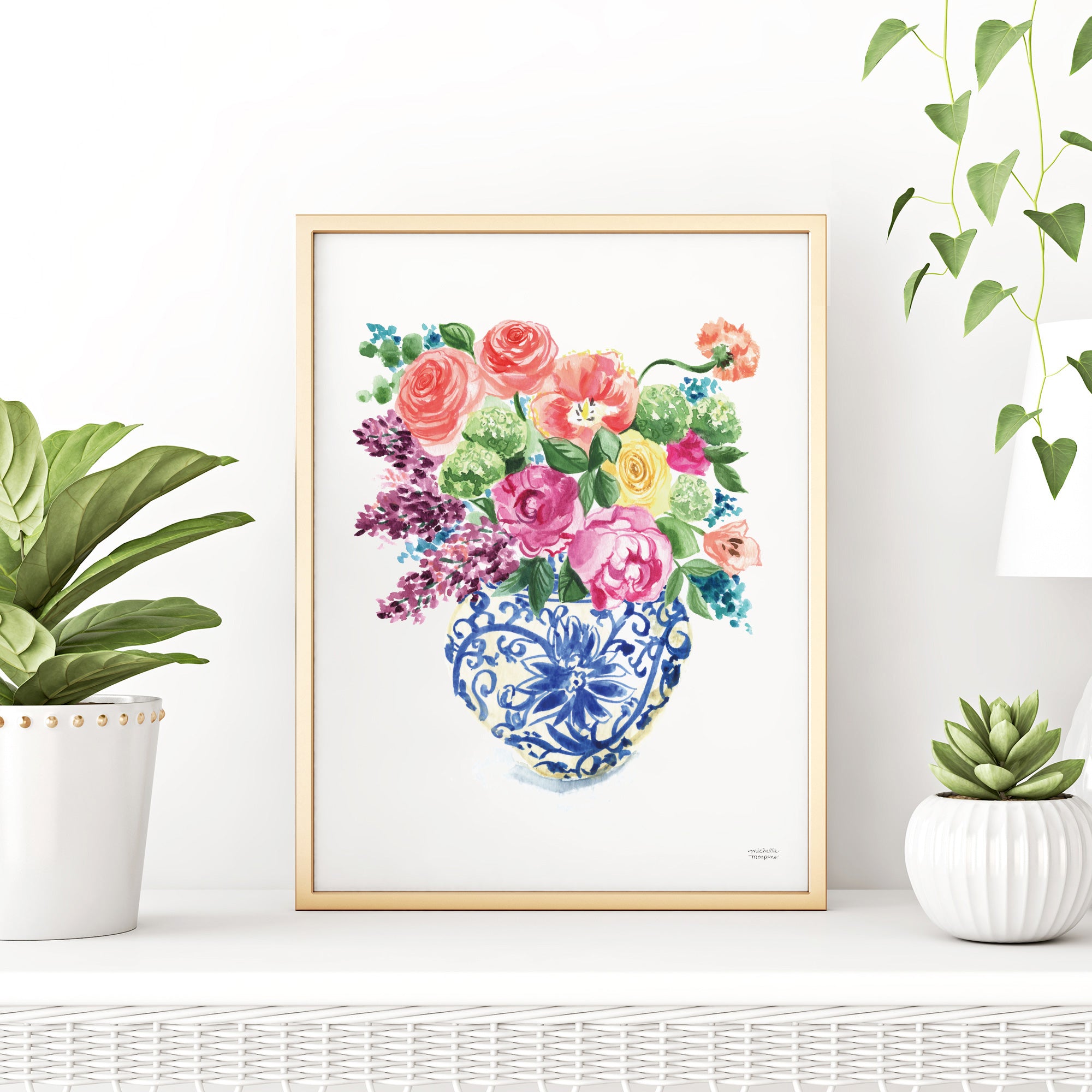 Colorful Watercolor Chinoiserie Ginger Jar and Florals No15 Wall Art Print