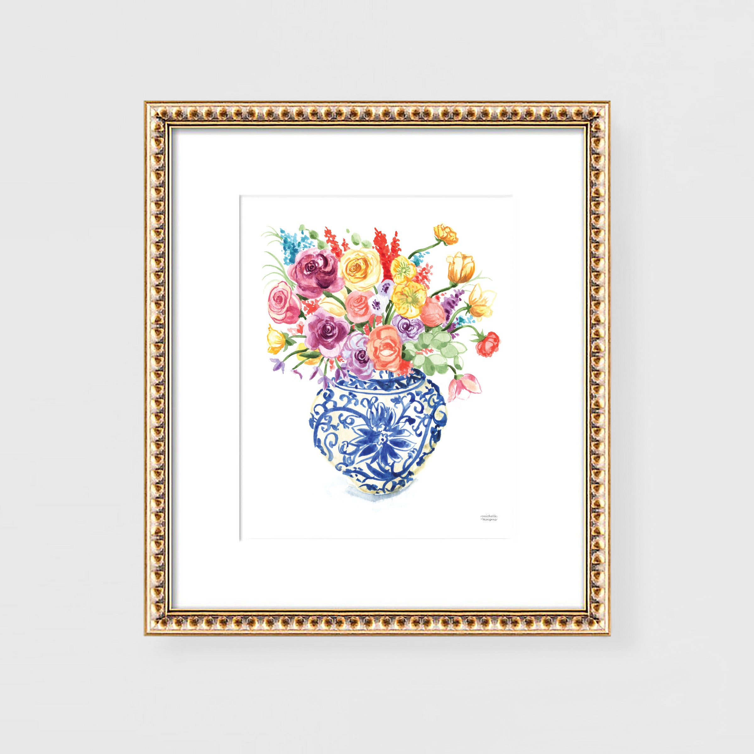 Colorful Watercolor Chinoiserie Ginger Jar and Florals No16 Wall Art Print