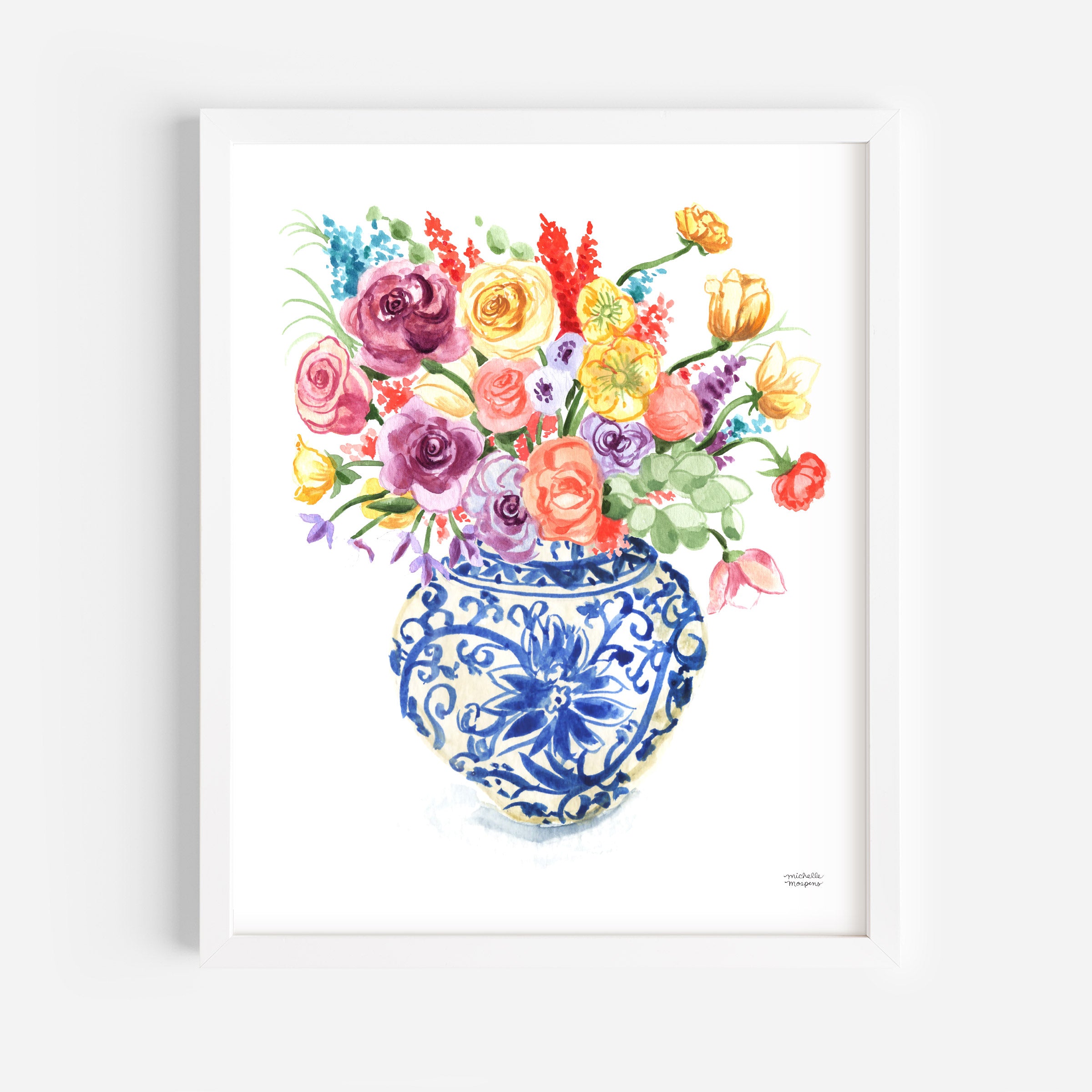 Colorful Watercolor Chinoiserie Ginger Jar and Florals No16 Wall Art Print