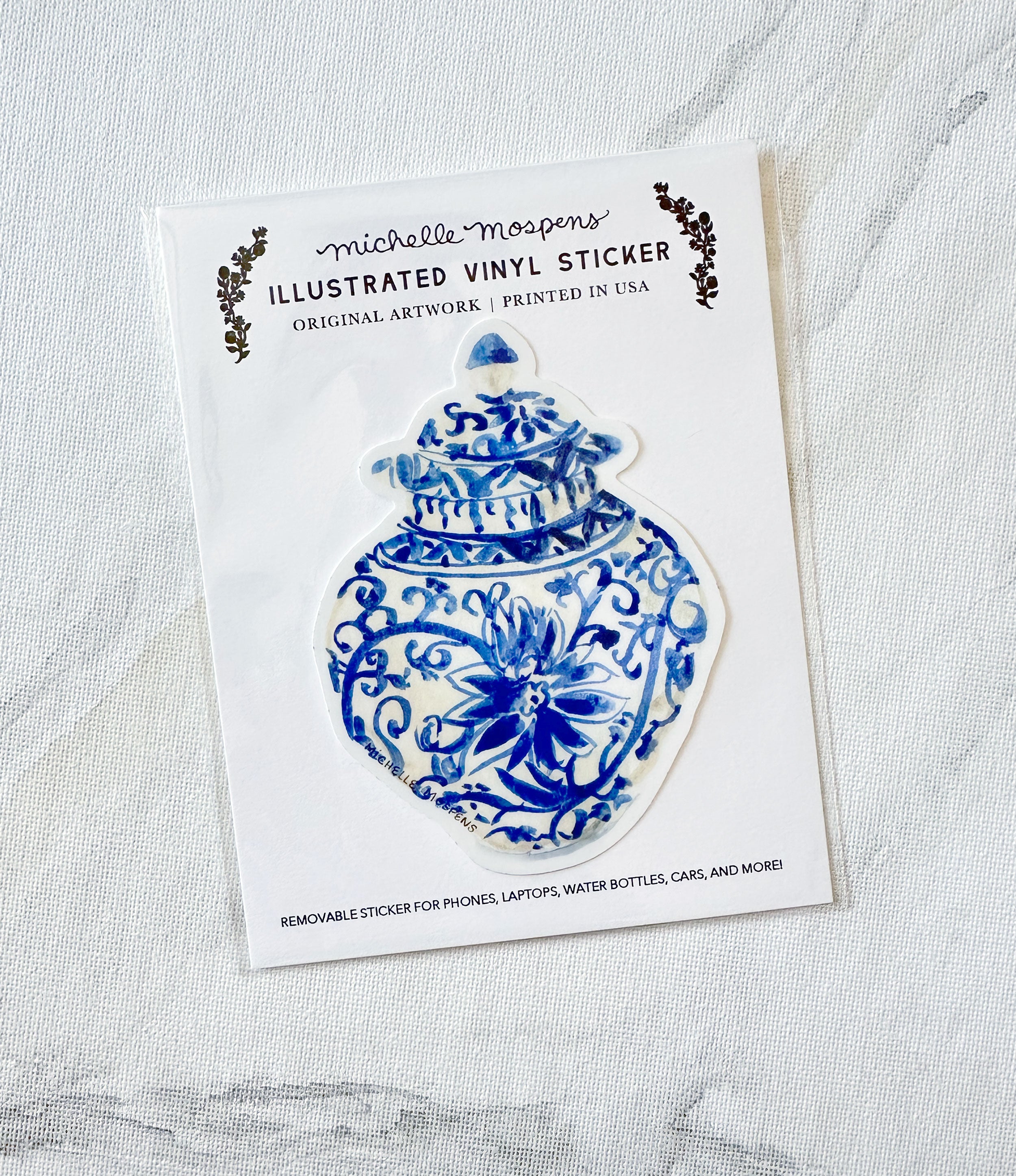 Watercolor Blue Ginger Jar Art Die-cut Vinyl Sticker, removable, for laptops, waterbottles, cars, and more!