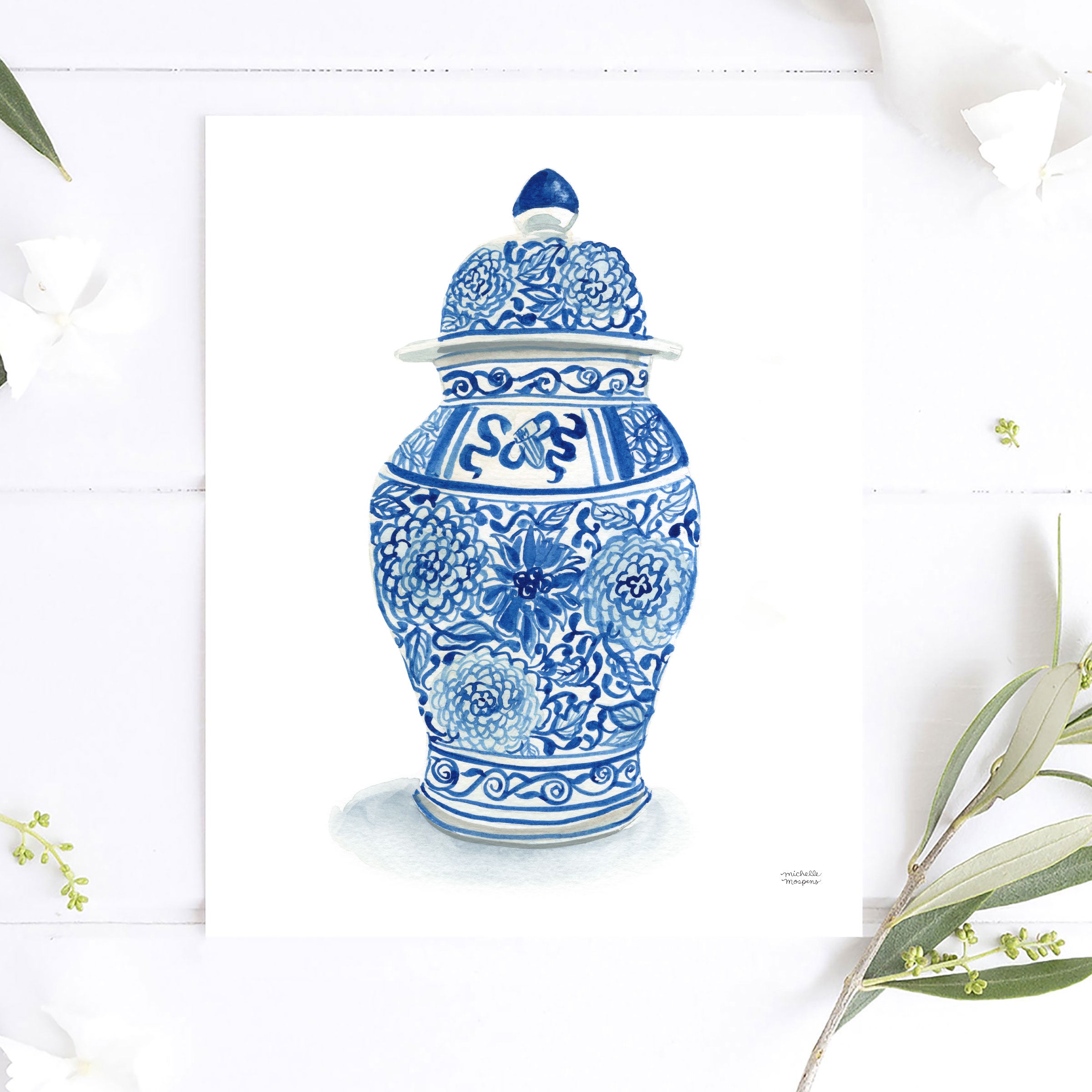 Blue and White Chinoiserie Ginger Jar Vase Watercolor Wall Art Print by Michelle Mospens