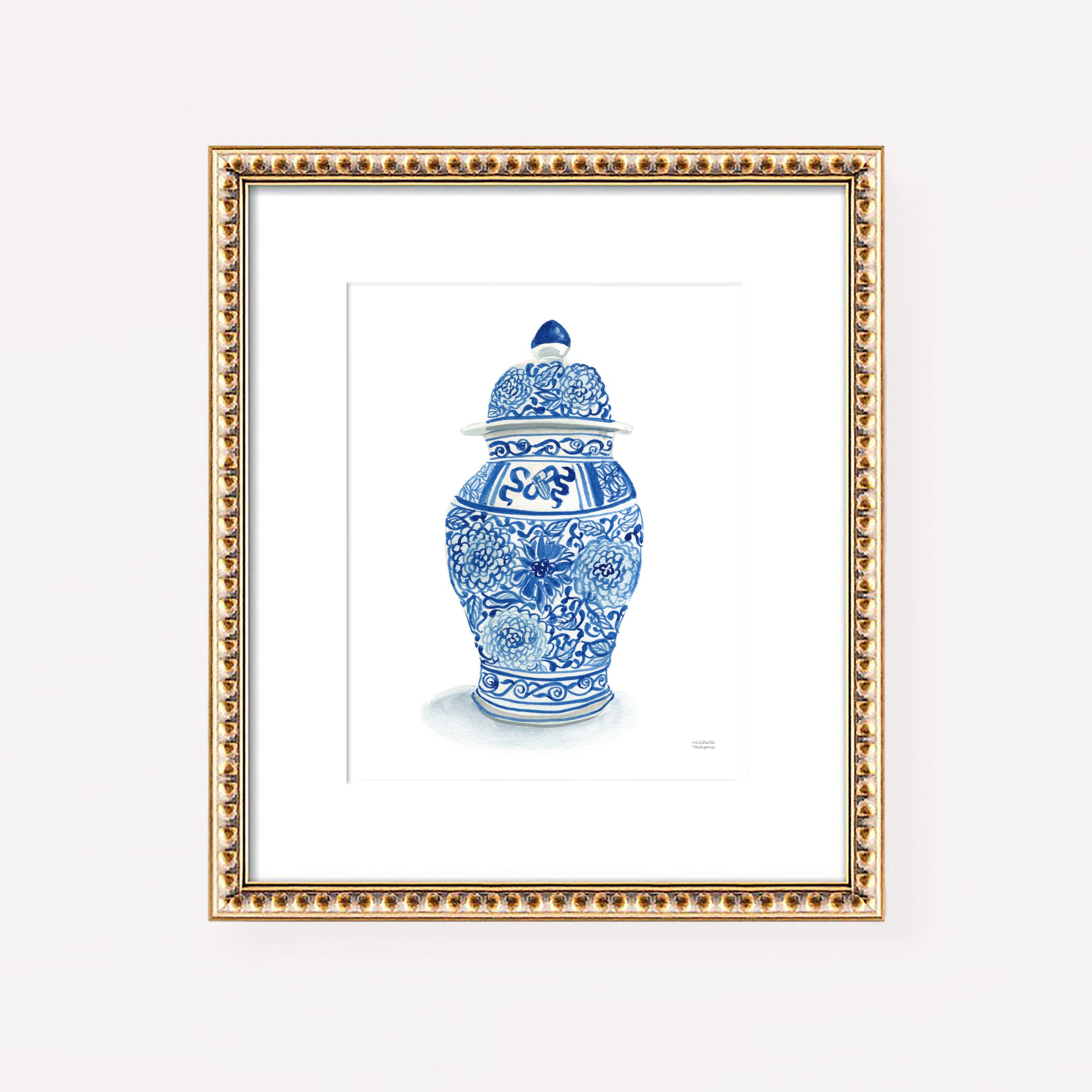 Blue and White Chinoiserie Ginger Jar Vase Watercolor Wall Art Print by Michelle Mospens