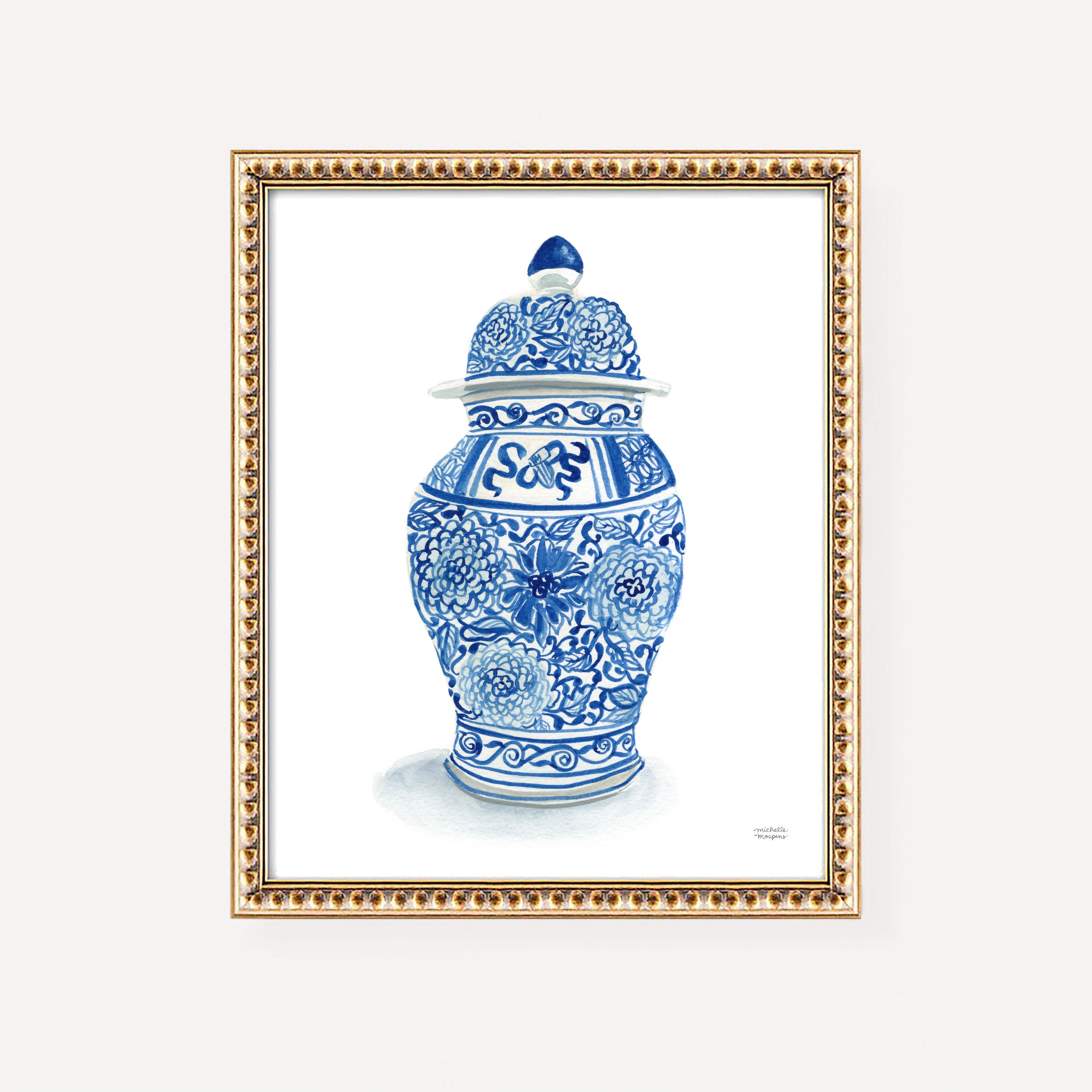 Blue and White Chinoiserie Ginger Jar Vase Watercolor Wall Art Print by Michelle Mospens