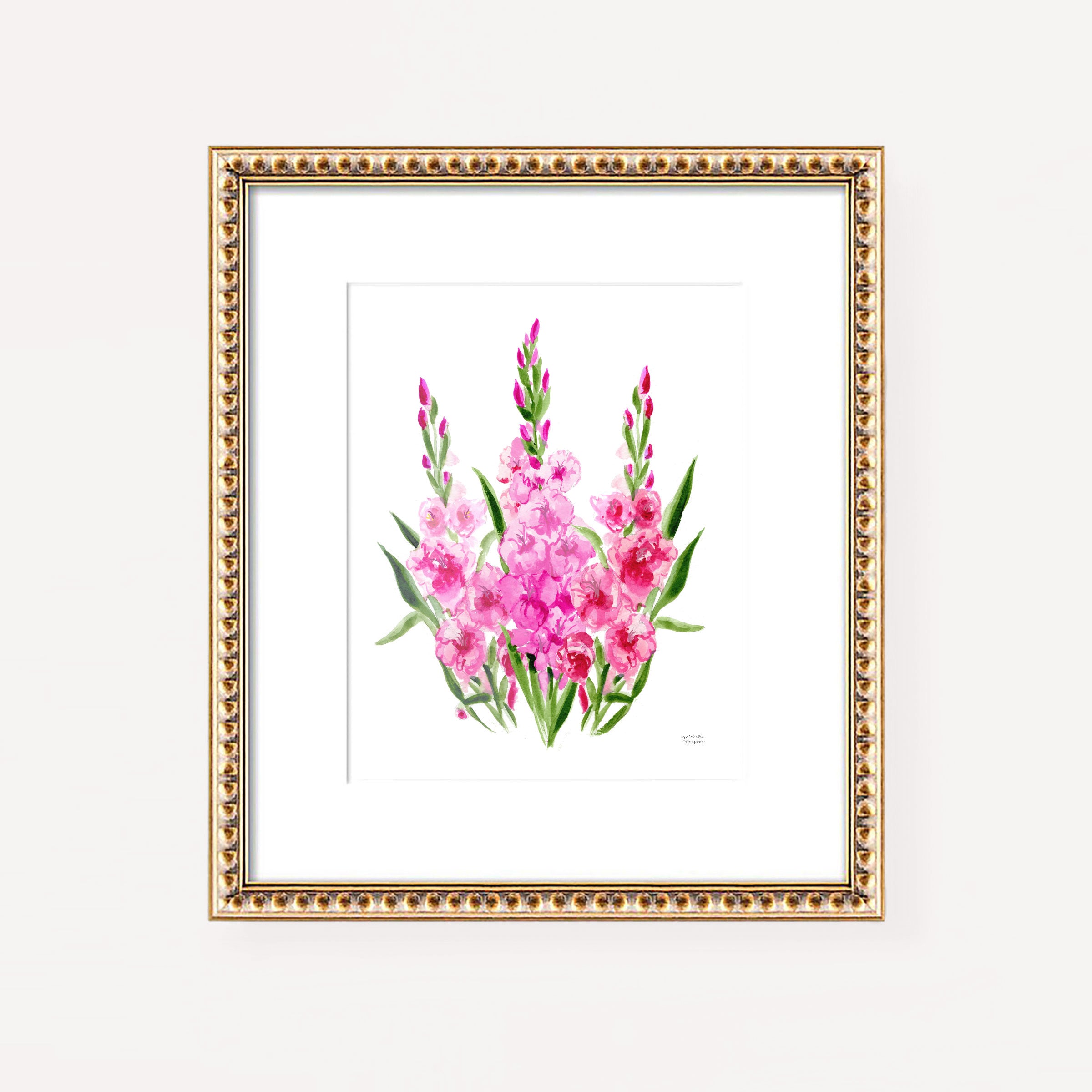 Gladiolus Flowers Botanical Floral Watercolor Wall Art Print by Michelle Mospens