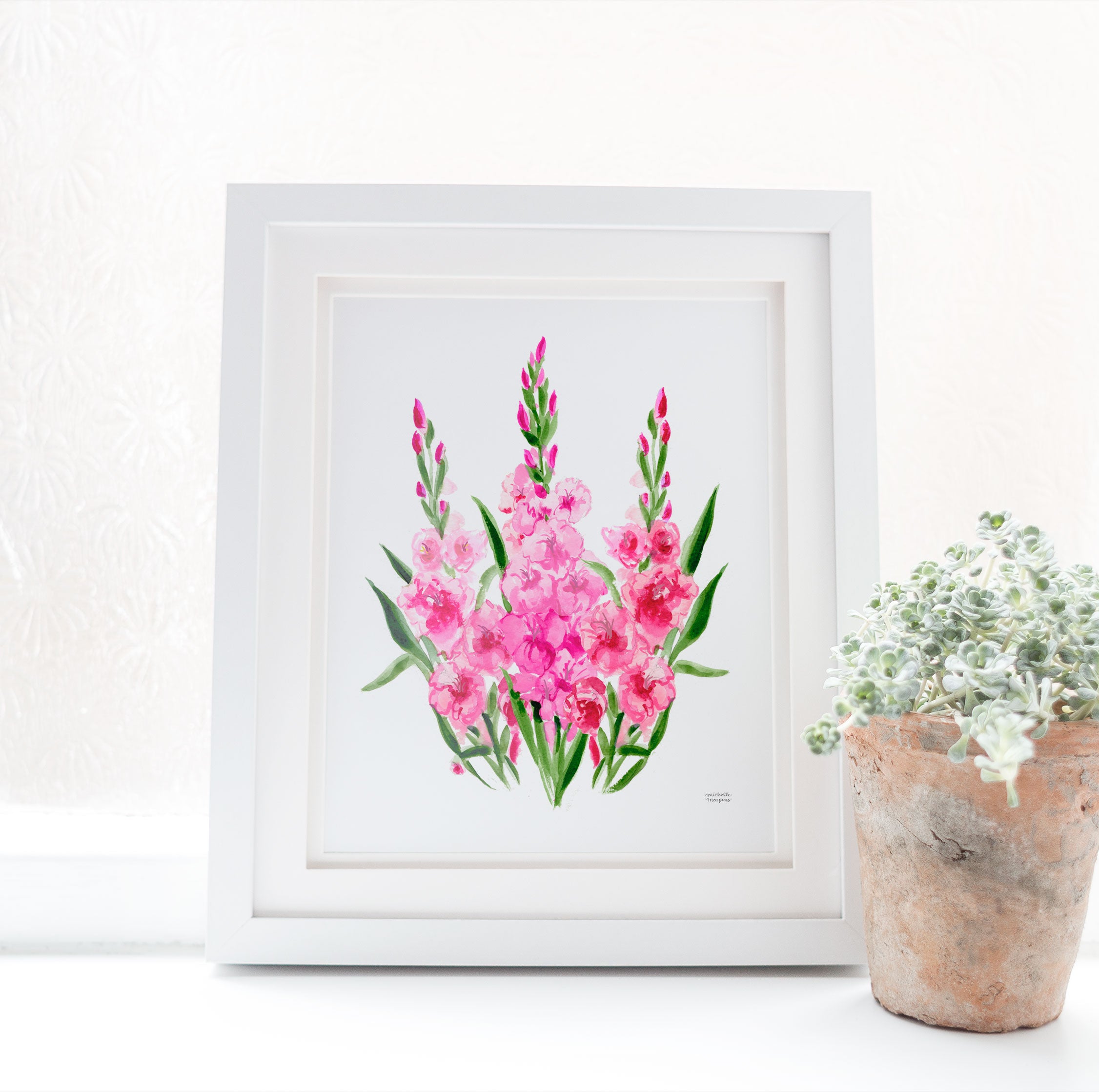 Gladiolus Flowers Botanical Floral Watercolor Wall Art Print by Michelle Mospens