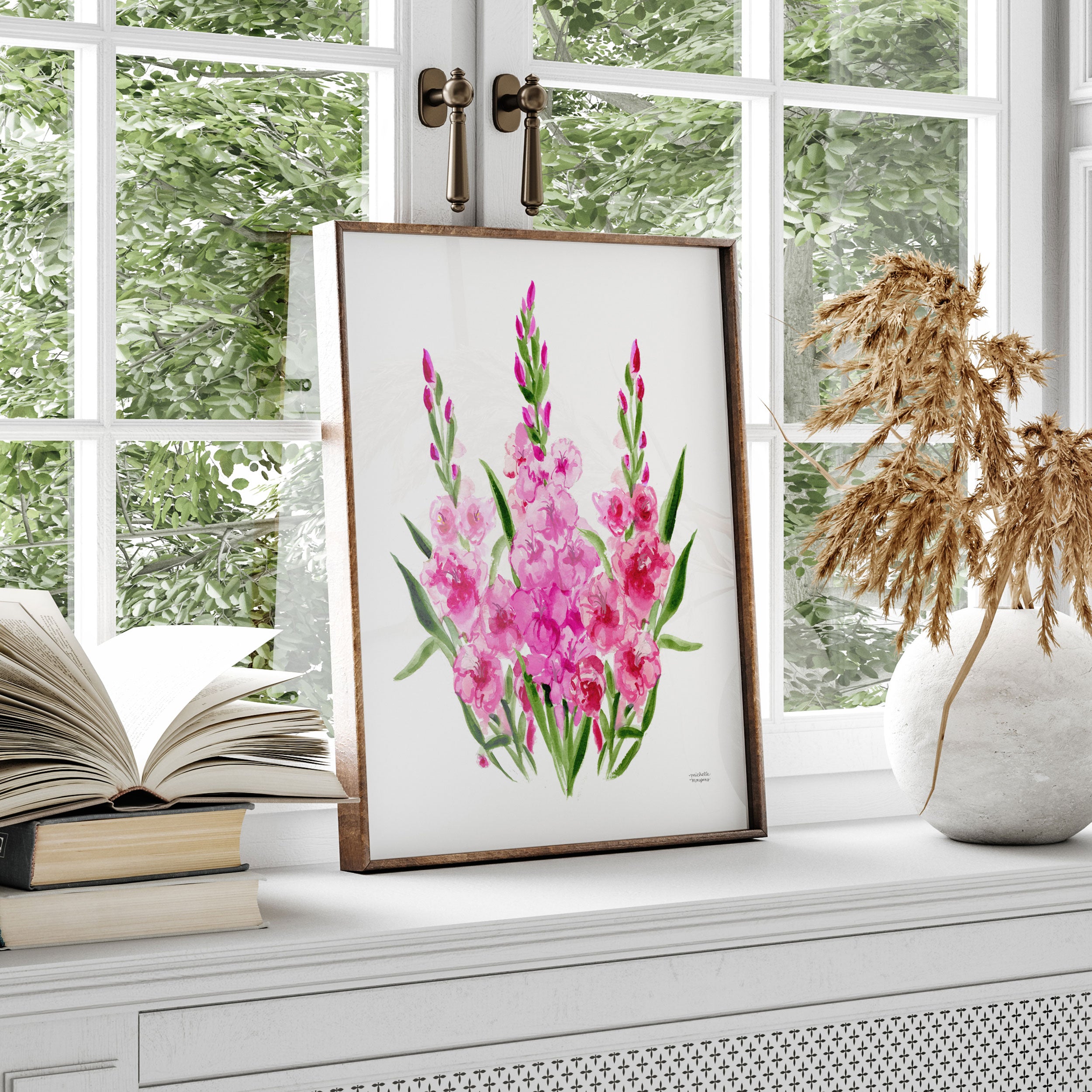 Gladiolus Flowers Botanical Floral Watercolor Wall Art Print by Michelle Mospens