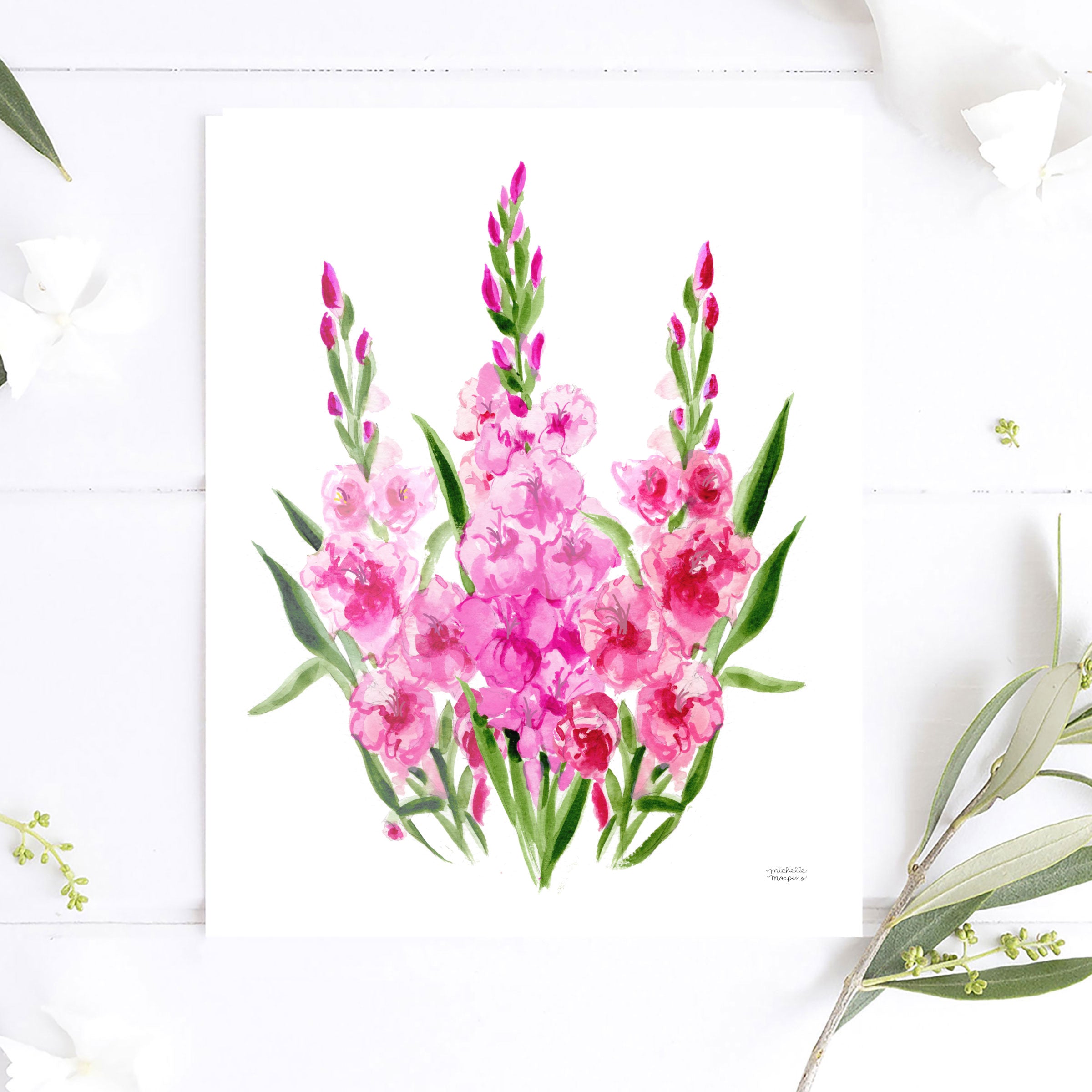Gladiolus Flowers Botanical Floral Watercolor Wall Art Print by Michelle Mospens