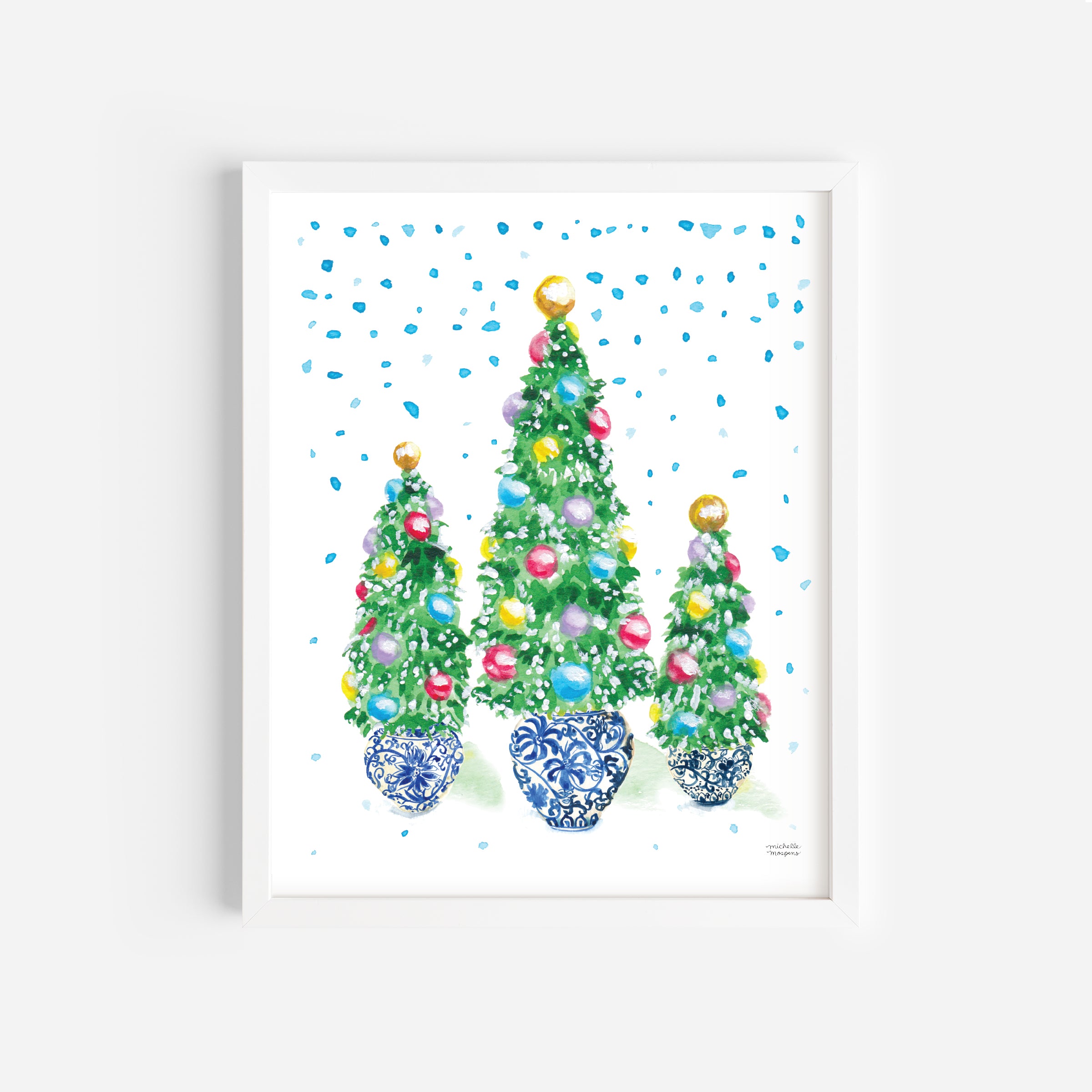 A watercolor painting of chinoiserie ginger jars Christmas Trees. The Christmas trees have colorful ornaments and snow is falling in background. Christmas wall art for grandmillennial decor.