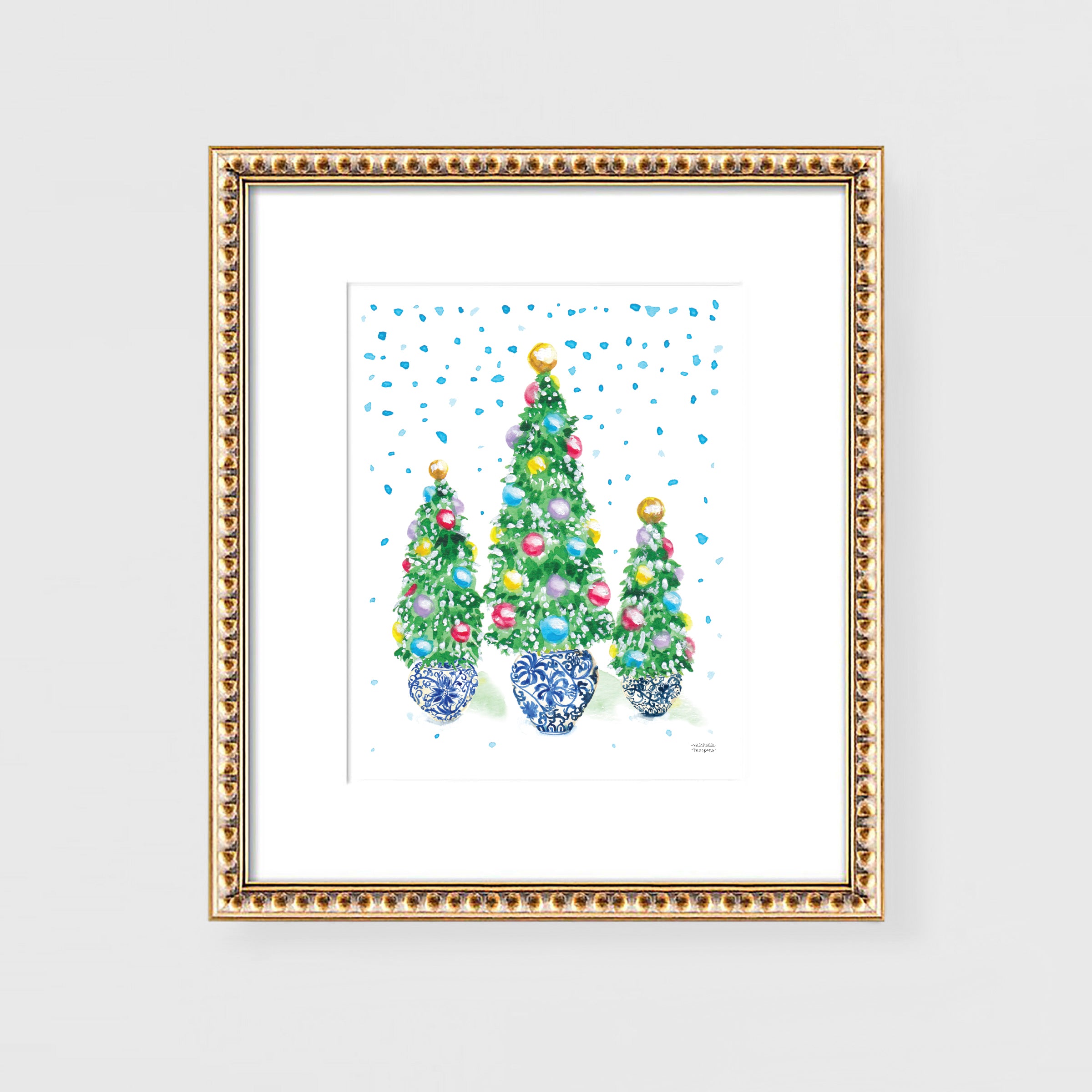 A watercolor painting of chinoiserie ginger jars Christmas Trees. The Christmas trees have colorful ornaments and snow is falling in background. Christmas wall art for grandmillennial decor.