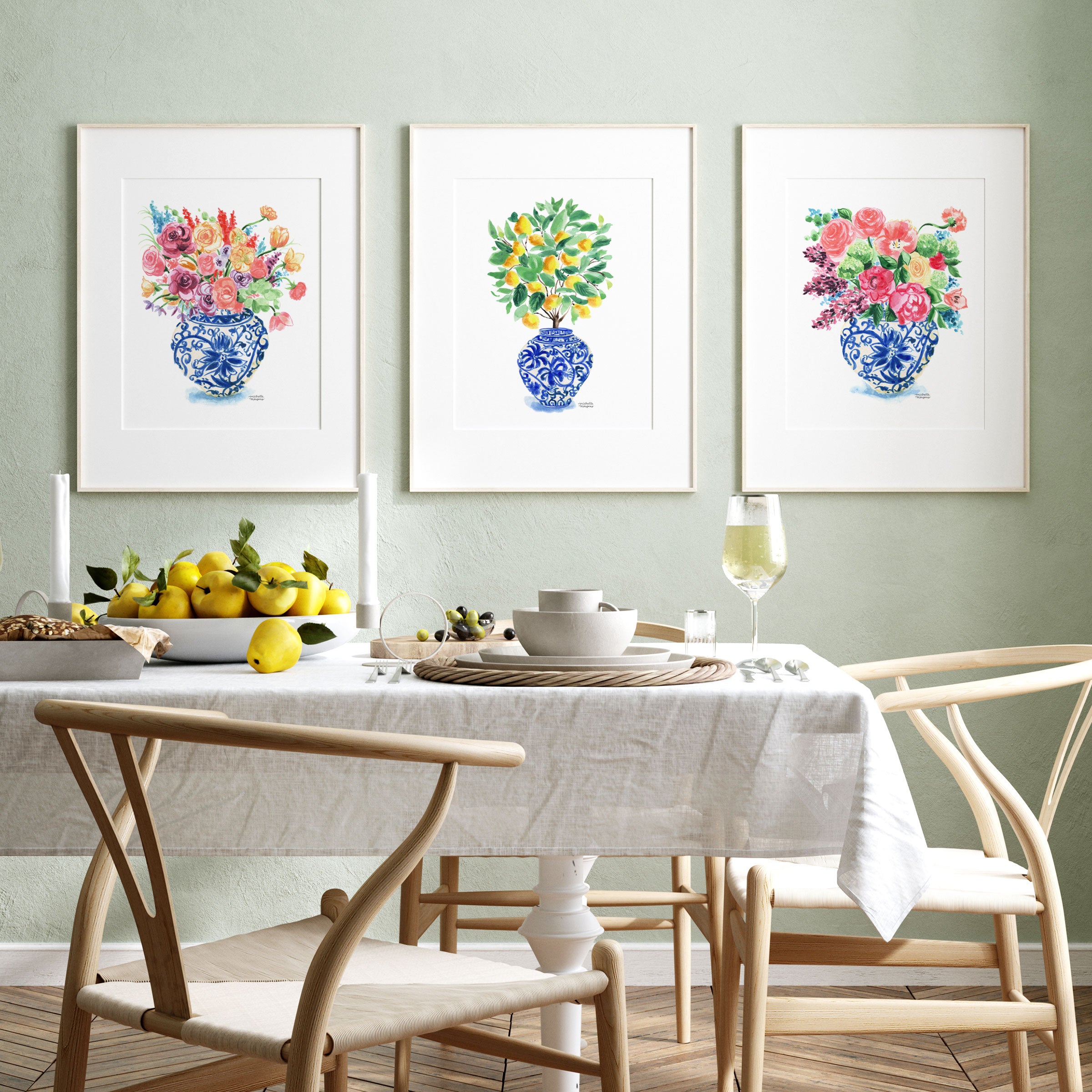 Ginger Jar Bouquets Trio Watercolor Prints Set of 3 Colorful Grandmillennial Floral Home Decor