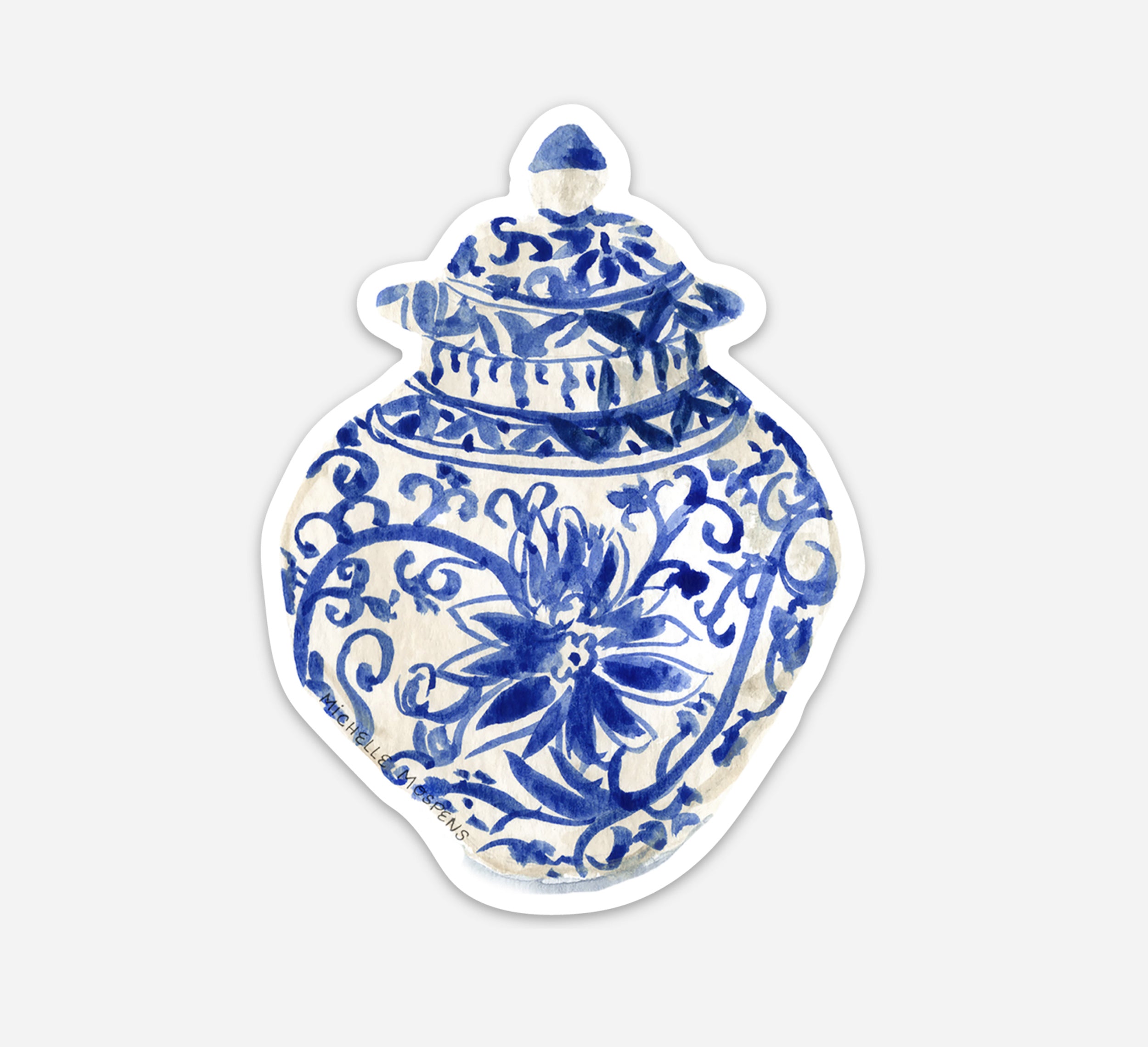 Watercolor Blue Ginger Jar Art Die-cut Vinyl Sticker, removable, for laptops, waterbottles, cars, and more!