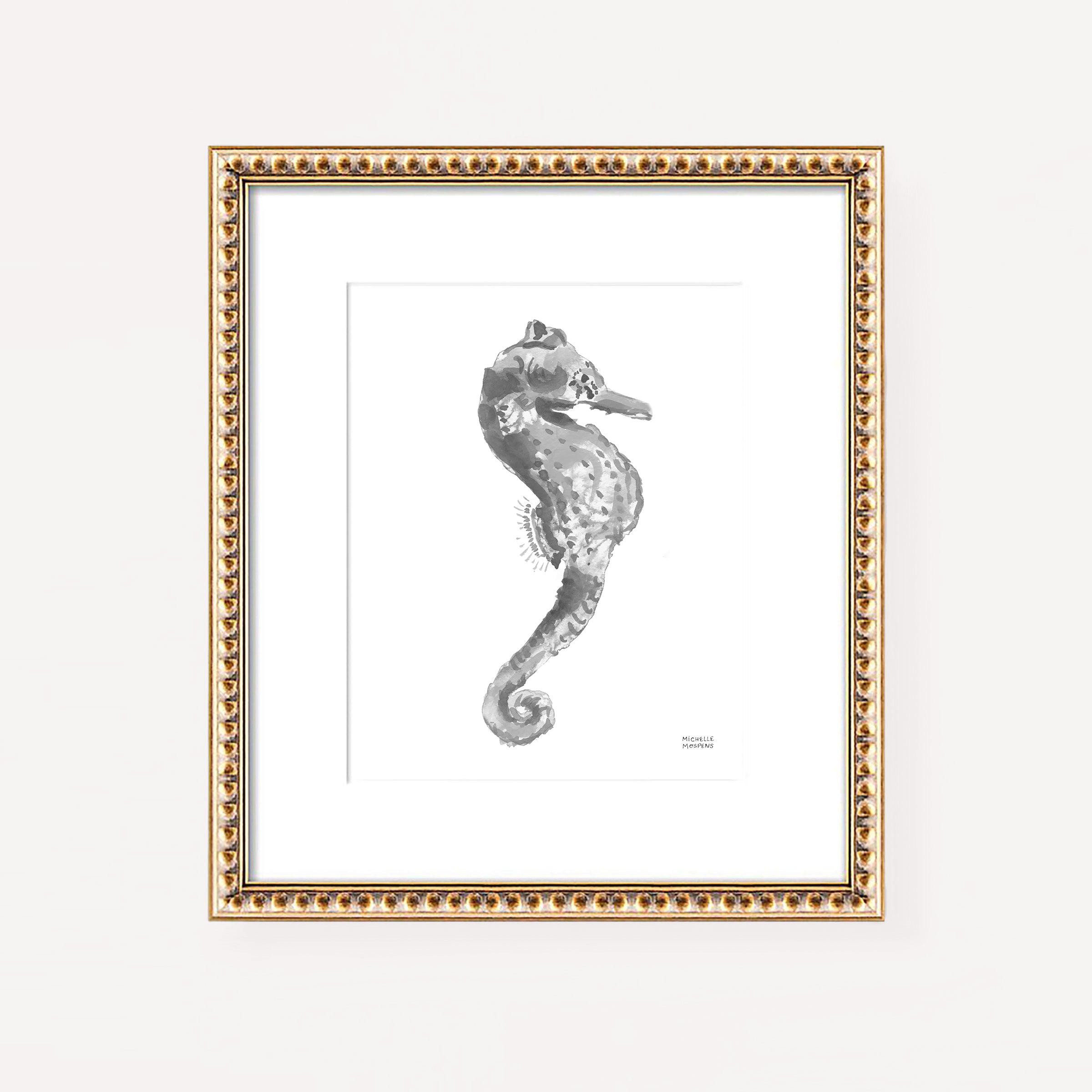 Neutral Gray Seahorse Watercolor Coastal Wall Art Print by Michelle Mospens, Unframed