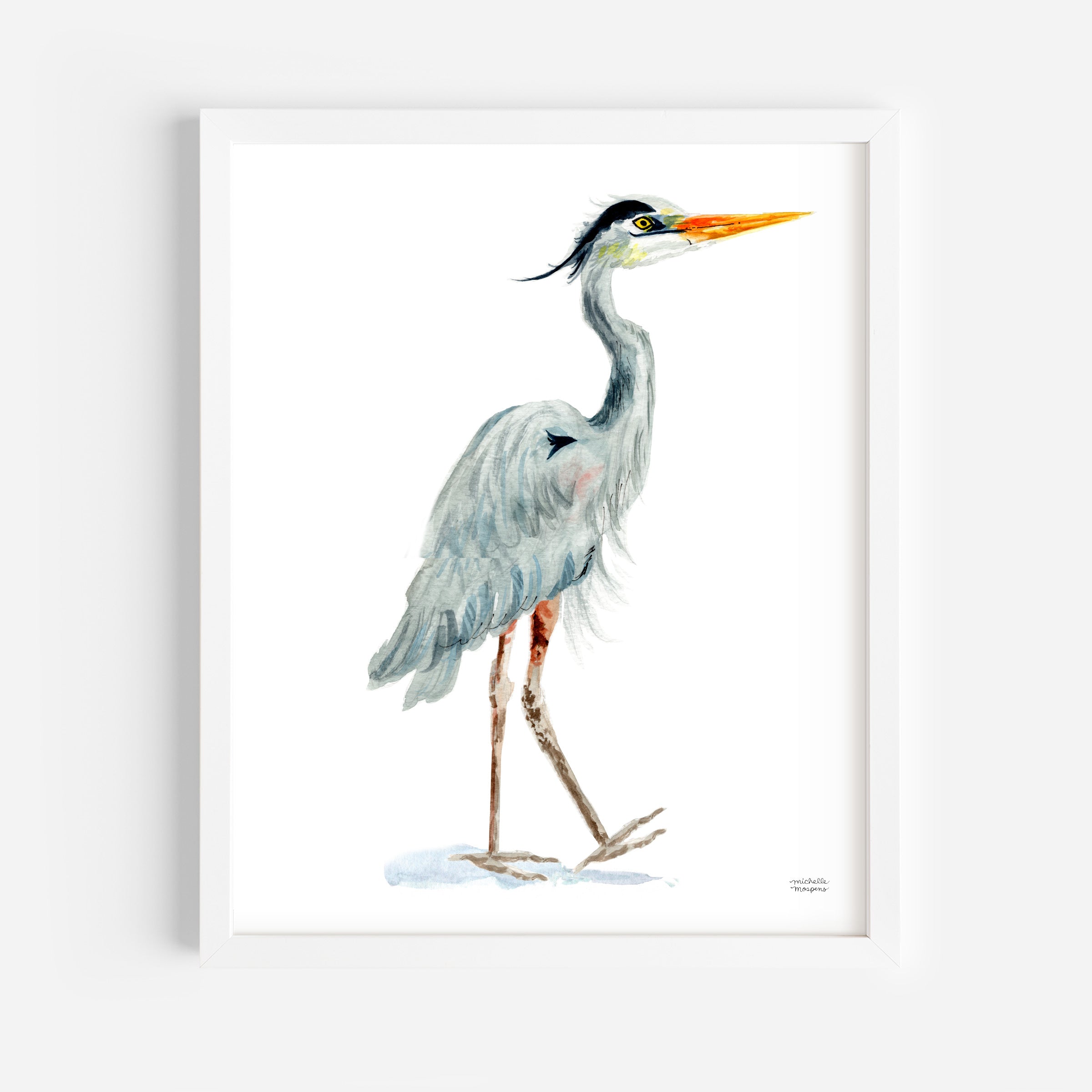 Watercolor Coastal Great Blue Heron No2 Beach Bird Wall Art Print by Michelle Mospens