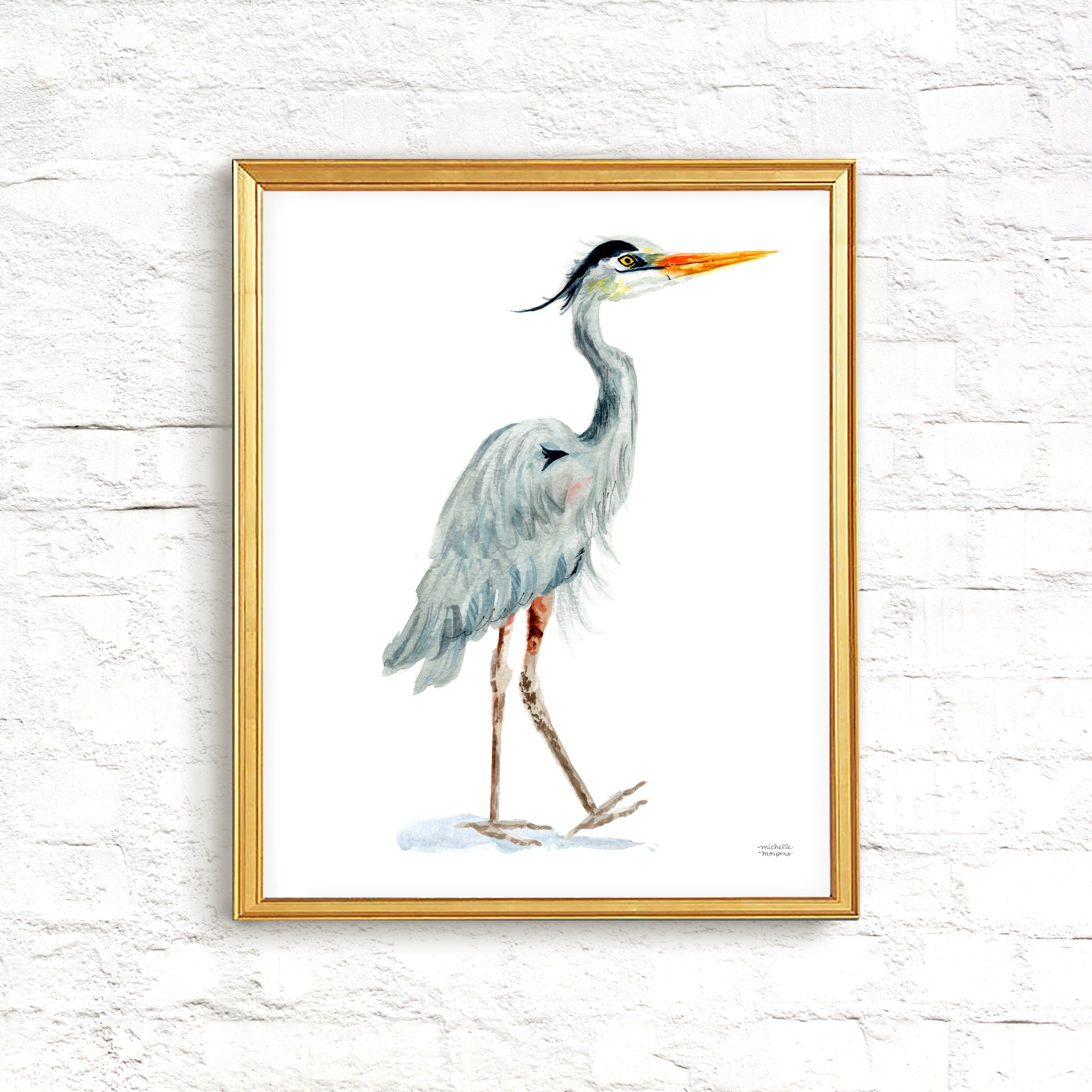 Watercolor Coastal Great Blue Heron No2 Beach Bird Wall Art Print by Michelle Mospens