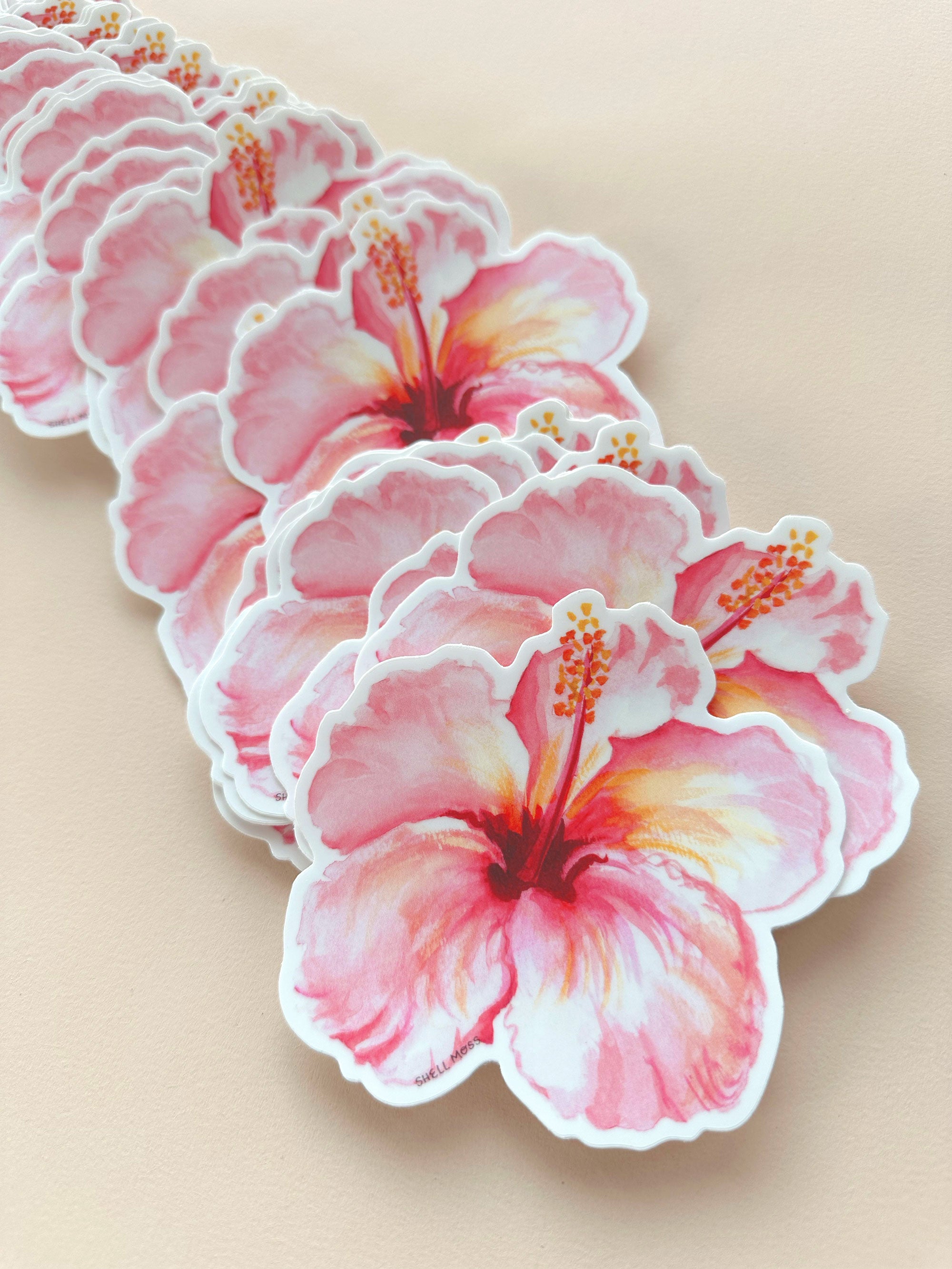 Watercolor Illustrated Pink Hibiscus Flower Die-cut Vinyl Sticker, removable, for laptops, waterbottles, cars, and more!