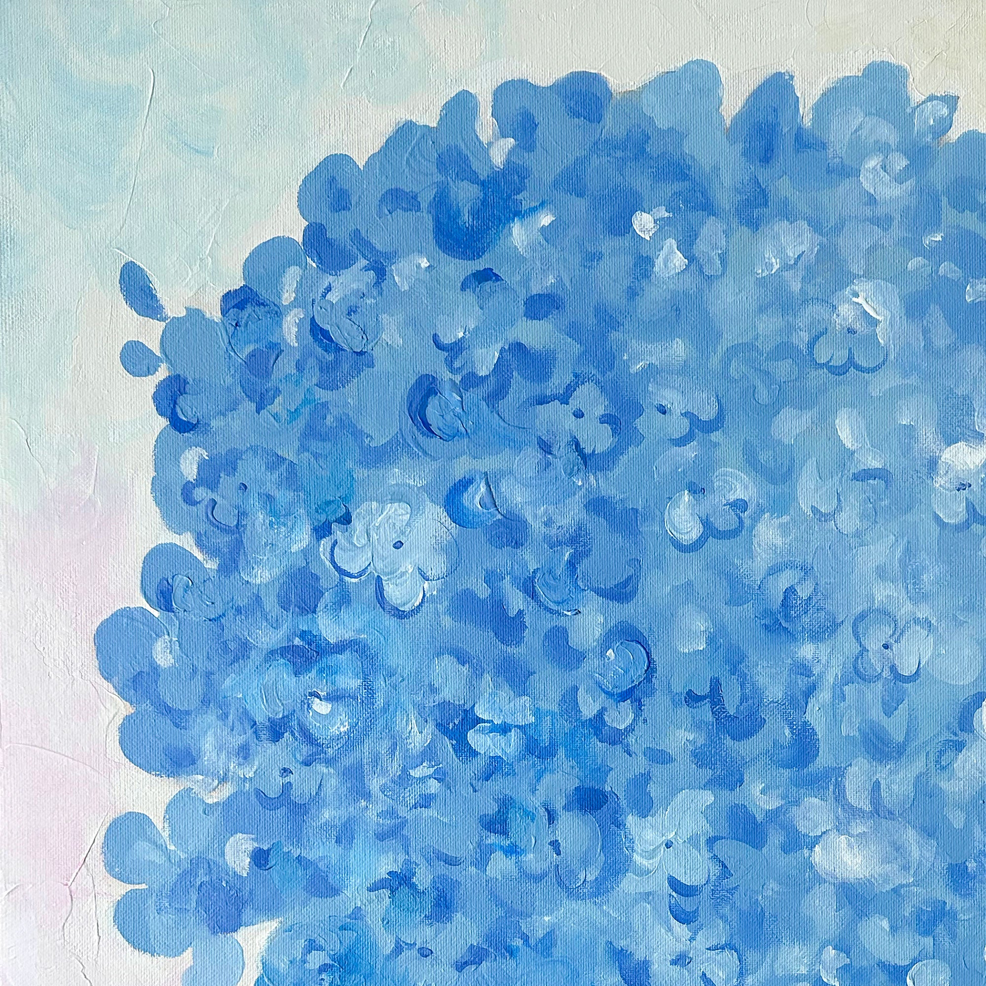 Large canvas painting of a blue hydrangea flower with green leaves on a light background, 24" x 30"