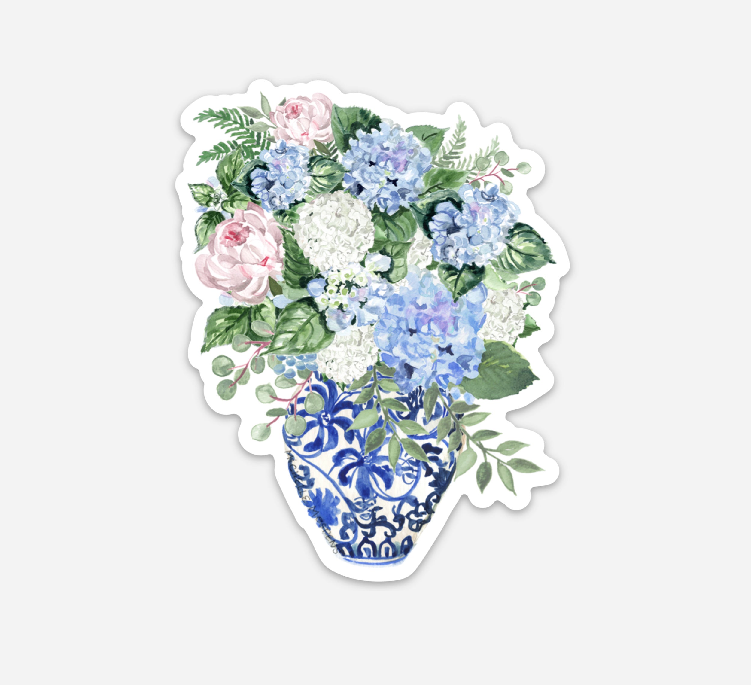 Watercolor Ginger Jar Hydrangea Bouquet Art Die-cut Vinyl Sticker, removable, for laptops, waterbottles, cars, and more!