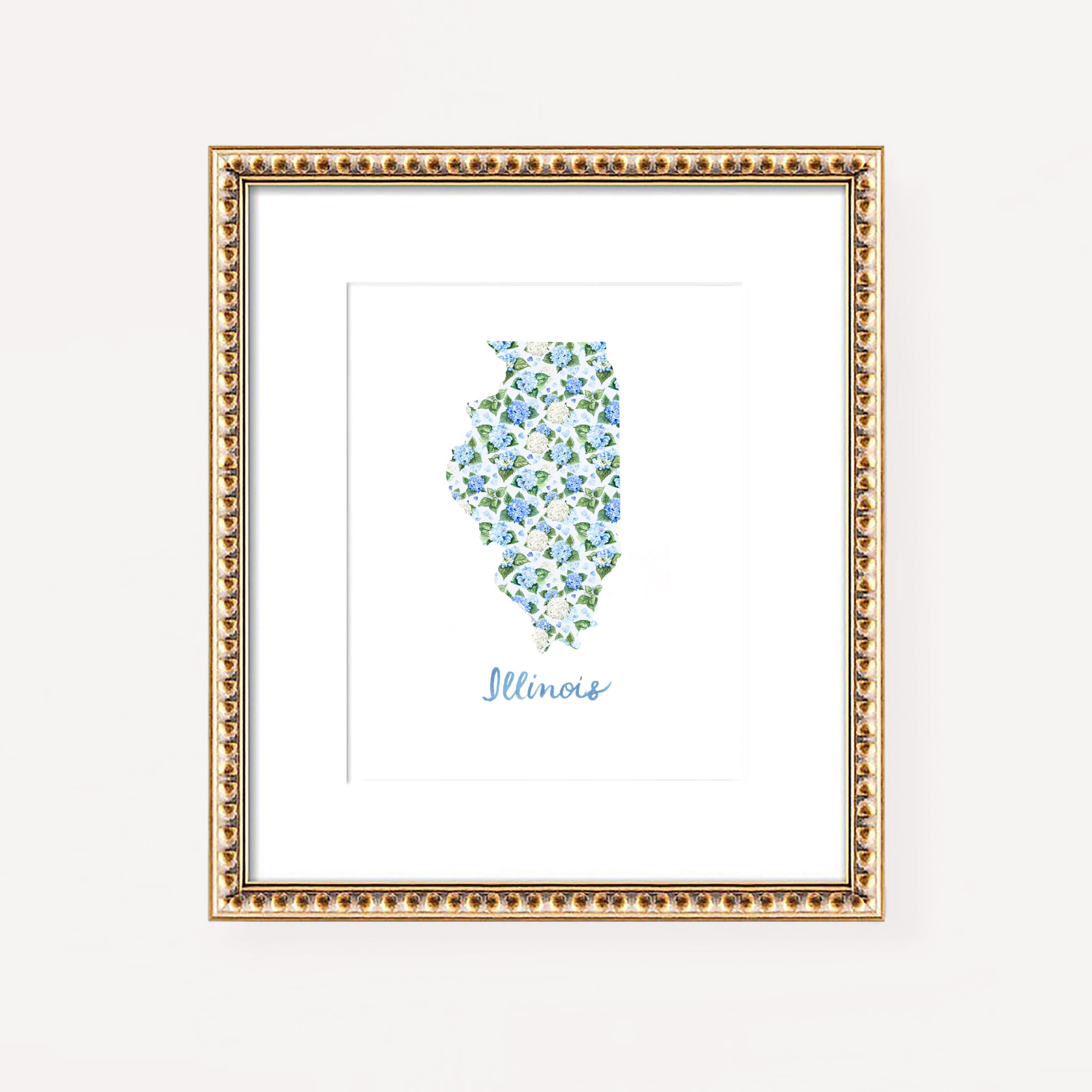 Watercolor hydrangea floral map of Illinois wall art print on a white coverstock, unframed, cute Illinois gift