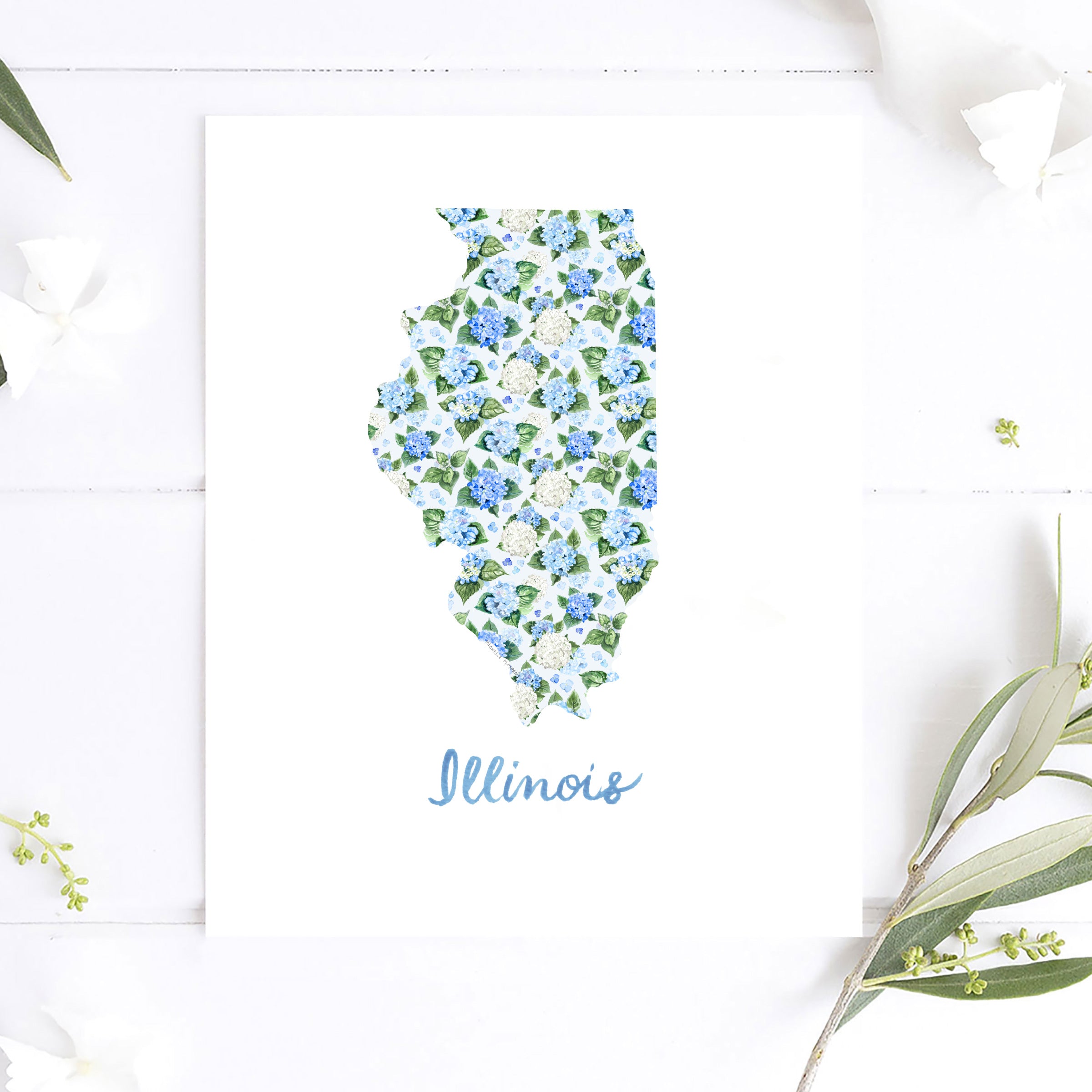 Watercolor hydrangea floral map of Illinois wall art print on a white coverstock, unframed, cute Illinois gift