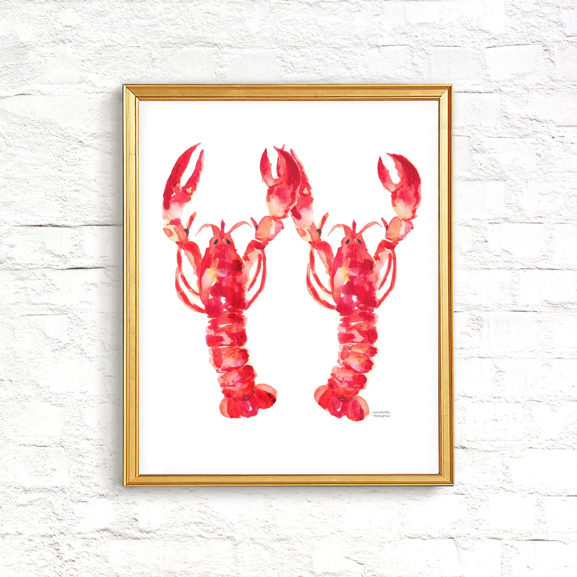 Cute Nautical Lobsters Watercolor Wall Art Print by Michelle Mospens Nursery Kids Room Decor