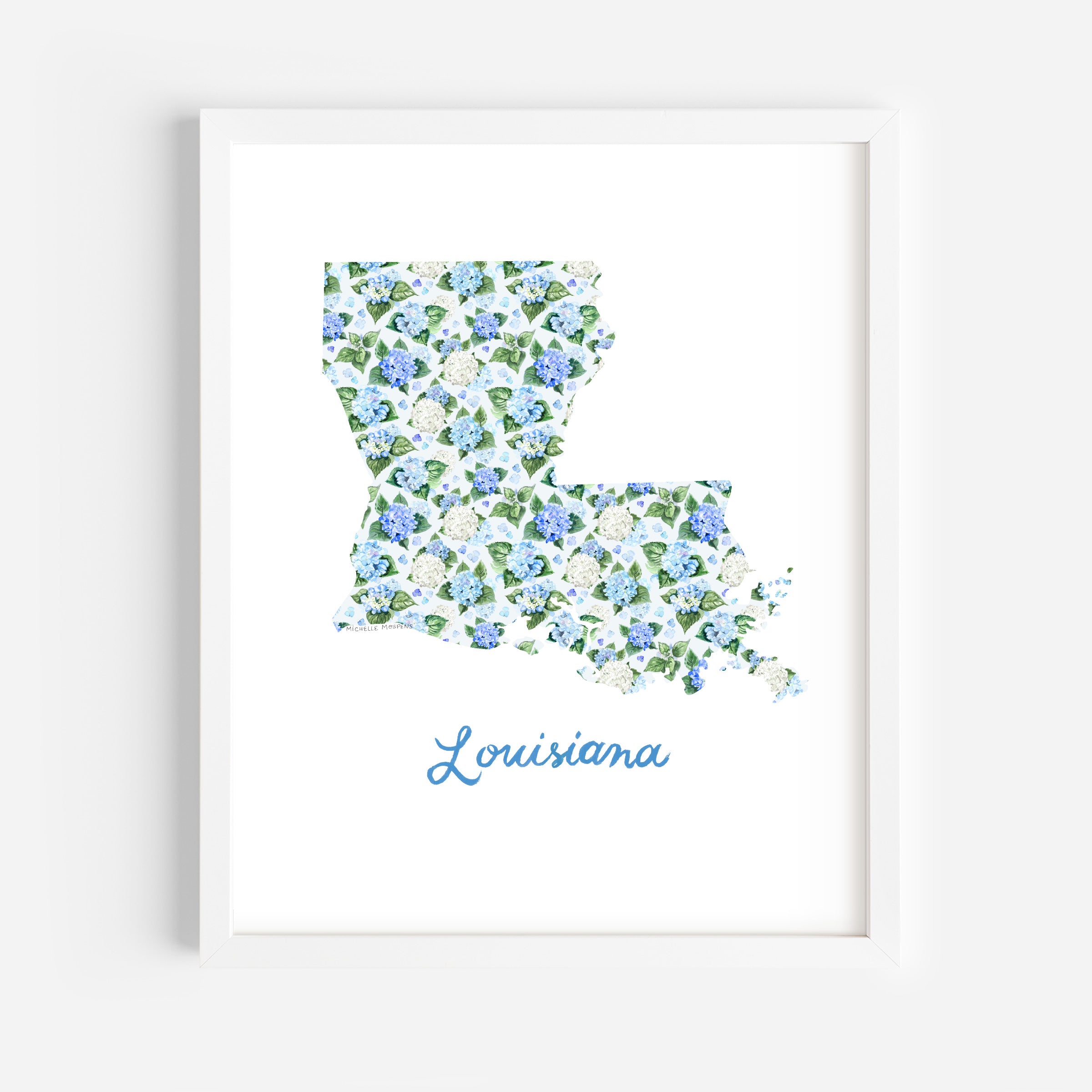 Watercolor hydrangea floral map of Louisiana wall art print on a white coverstock, unframed, cute Louisiana gift