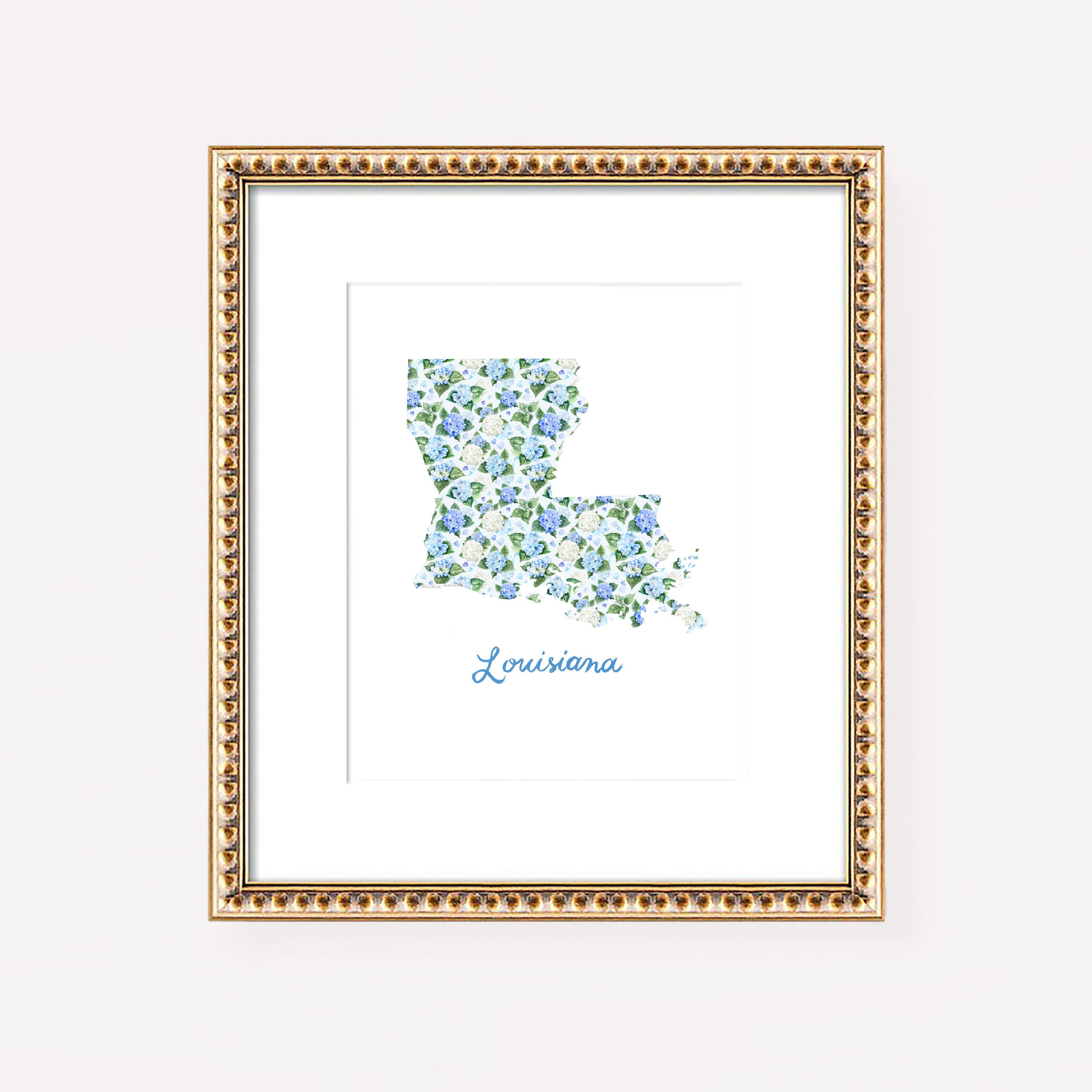 Watercolor hydrangea floral map of Louisiana wall art print on a white coverstock, unframed, cute Louisiana gift