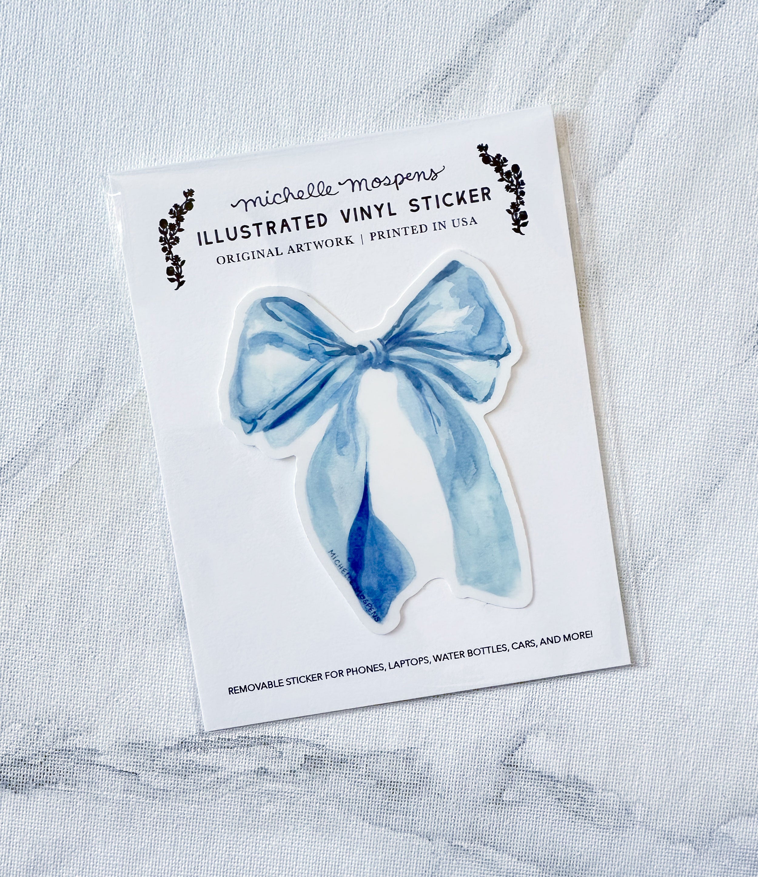 Watercolor Light Blue Bow Art Die-cut Vinyl Sticker, removable, for laptops, waterbottles, cars, and more!