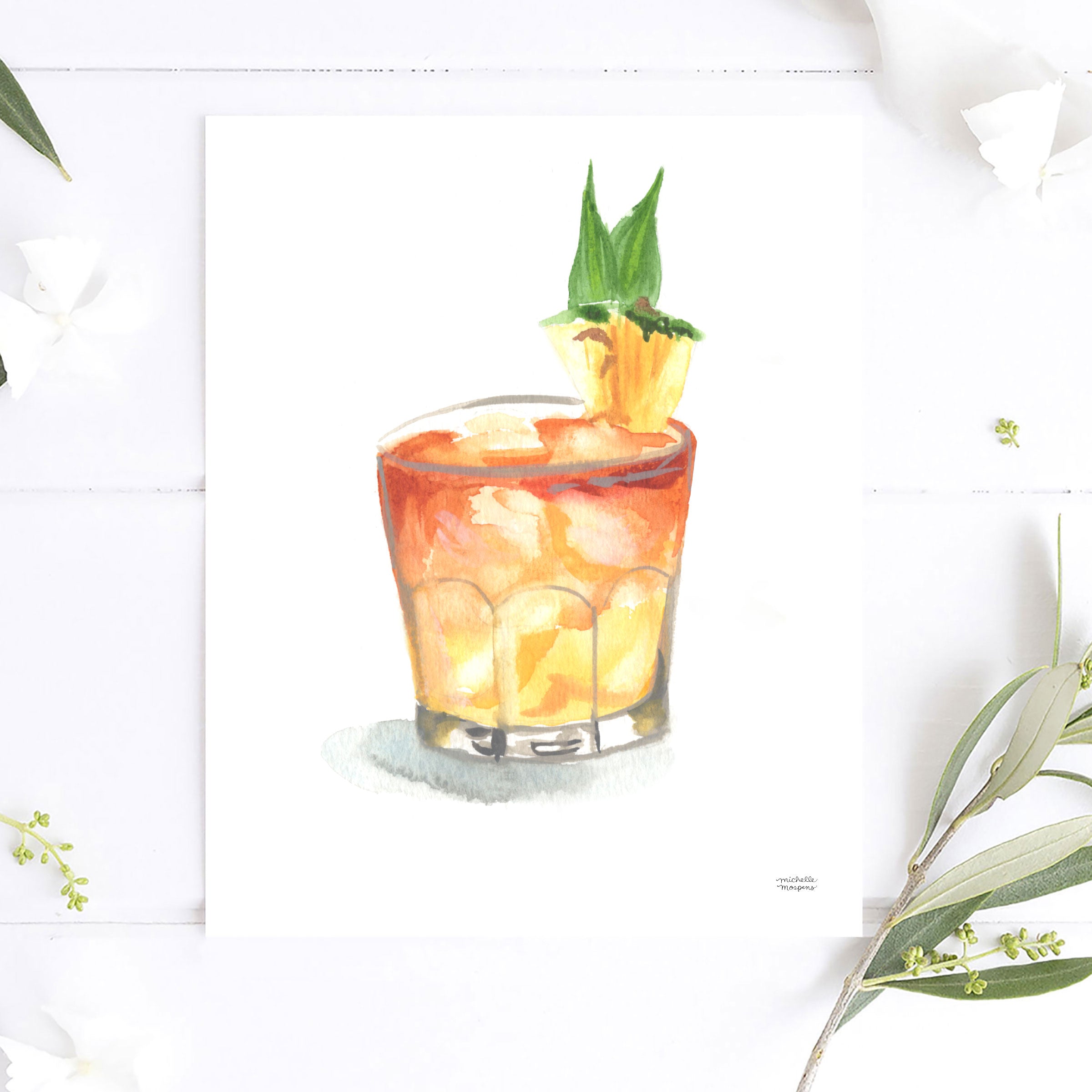 Mai Tai Rum Cocktail Watercolor Art Print | Bar Cart Decor