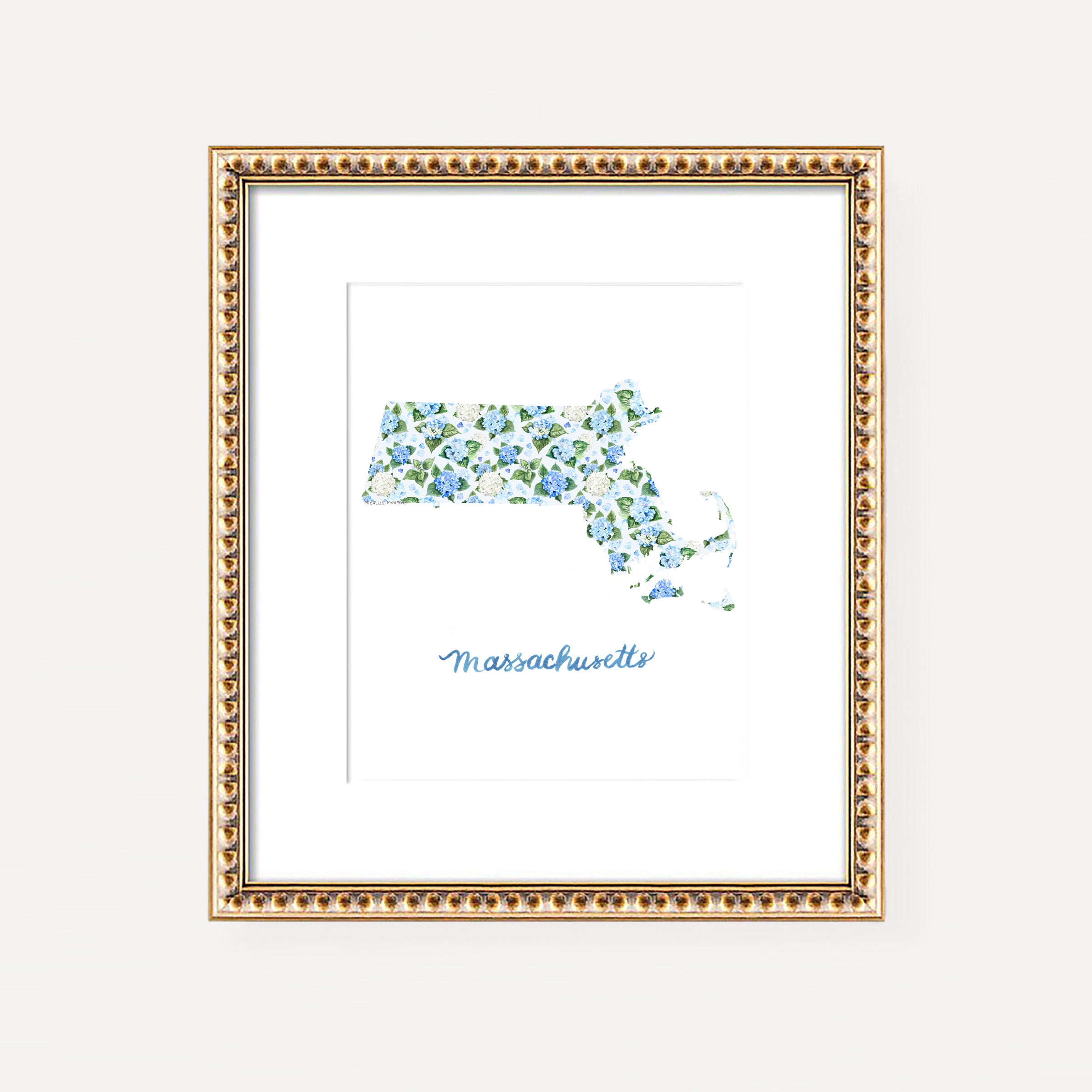 Watercolor hydrangea floral map of Massachusetts wall art print on a white coverstock, unframed, cute Massachusetts gift