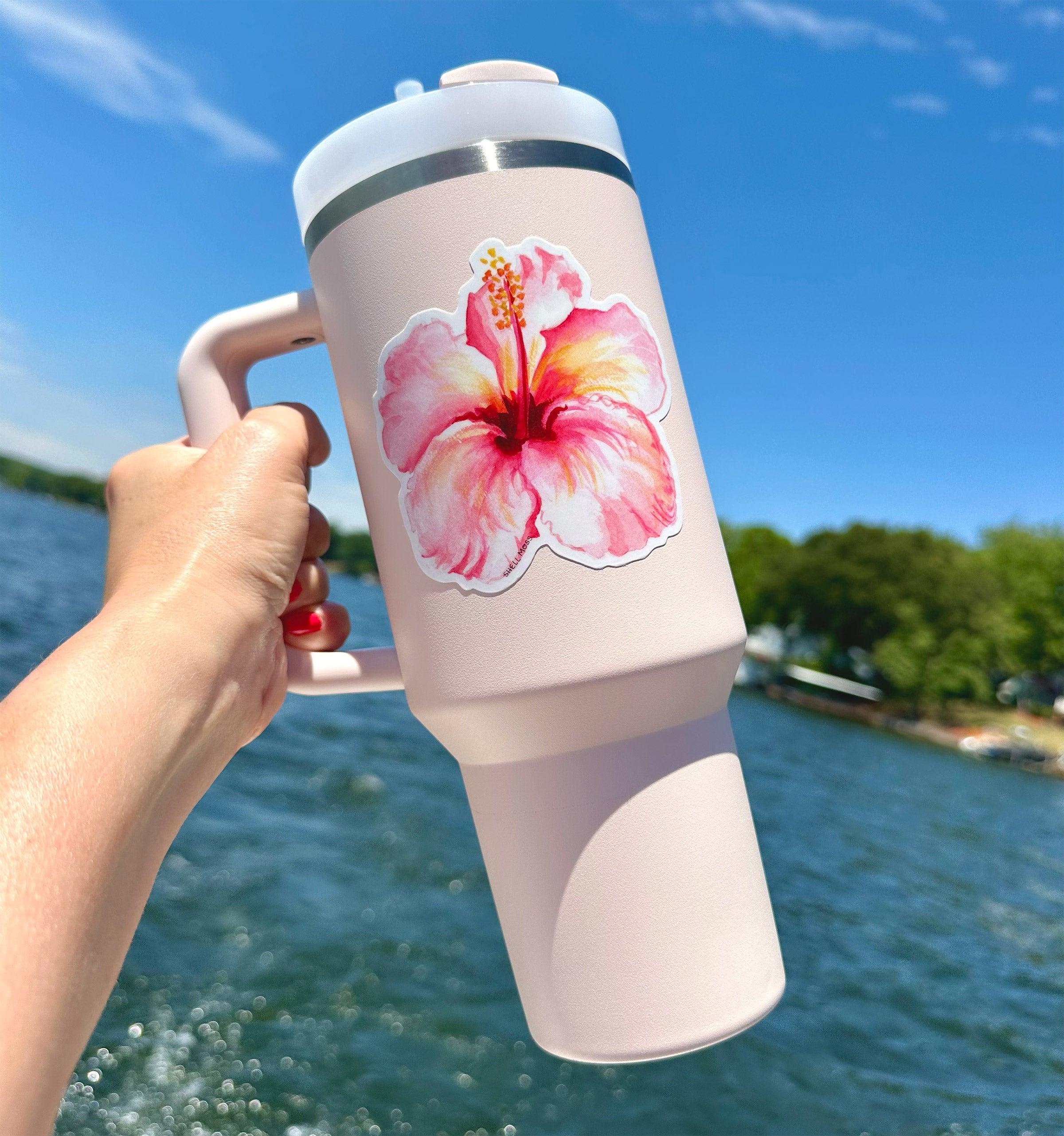 Watercolor Illustrated Pink Hibiscus Flower Die-cut Vinyl Sticker, removable, for laptops, waterbottles, cars, and more!