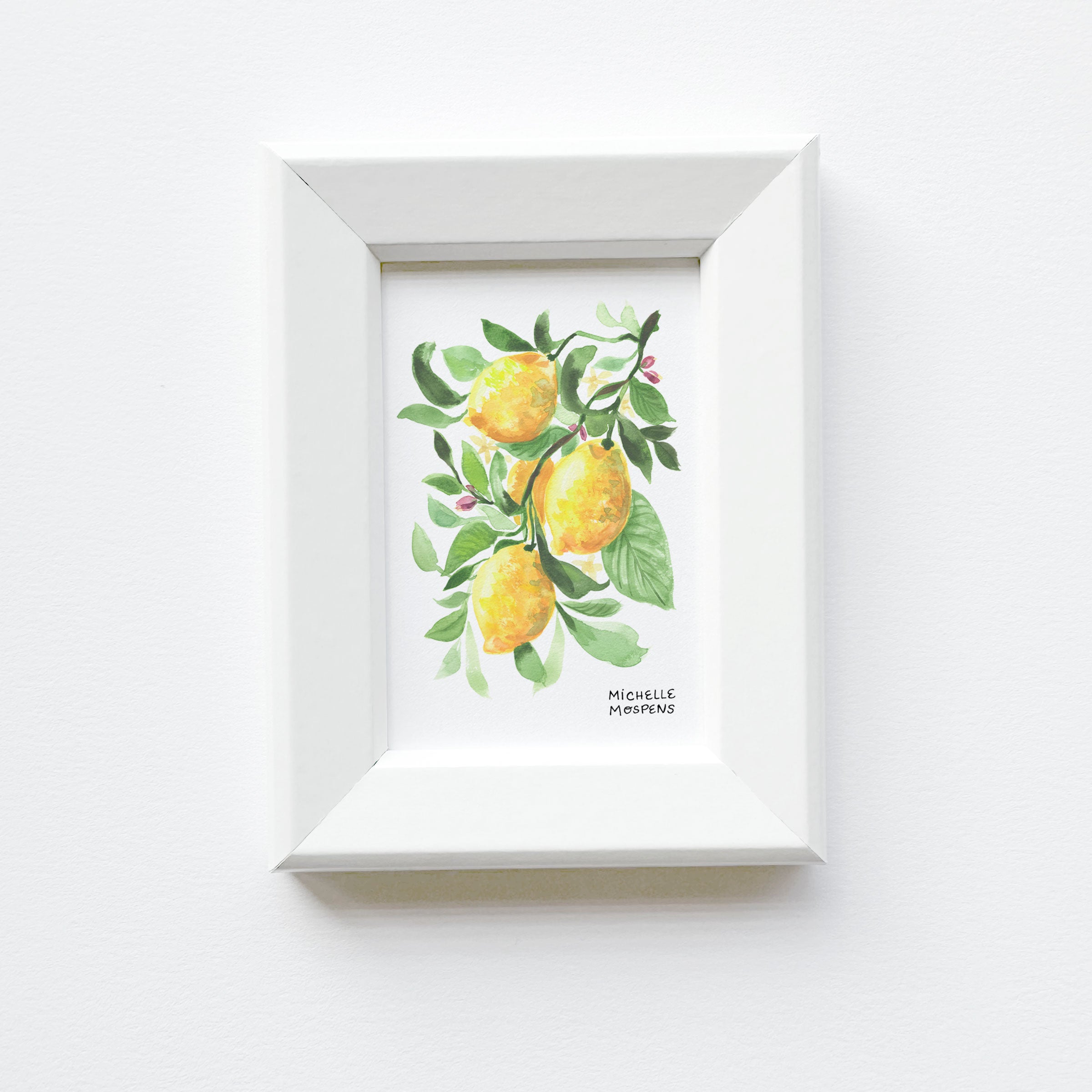 Miniature Watercolor Lemons Art Painting Framed Print by Michelle Mospens | Mini Framed Fruit Artwork Gift