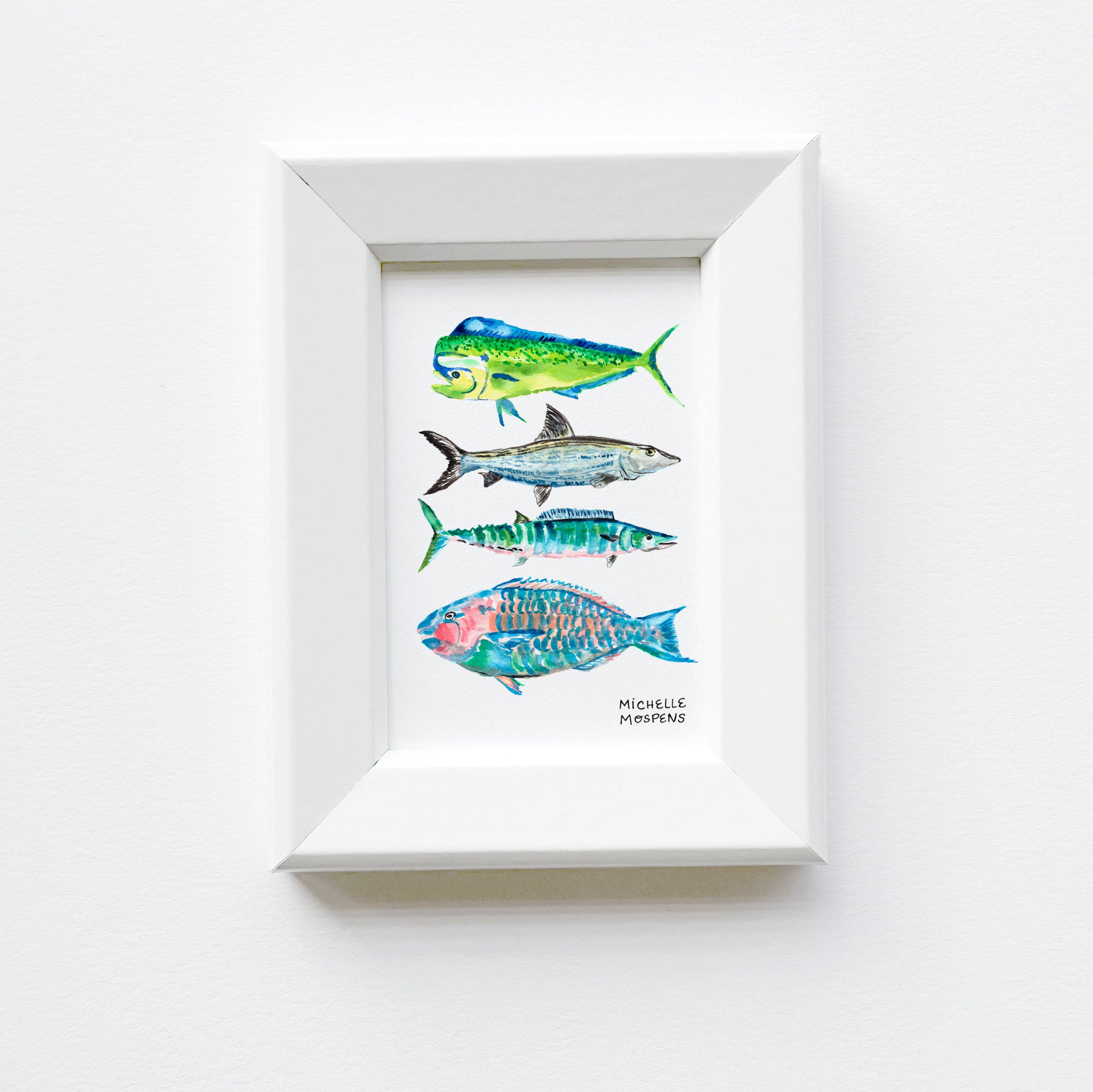 Miniature Fish Coastal Watercolor Art Painting Framed Print by Michelle Mospens | Mini Framed Fish Artwork