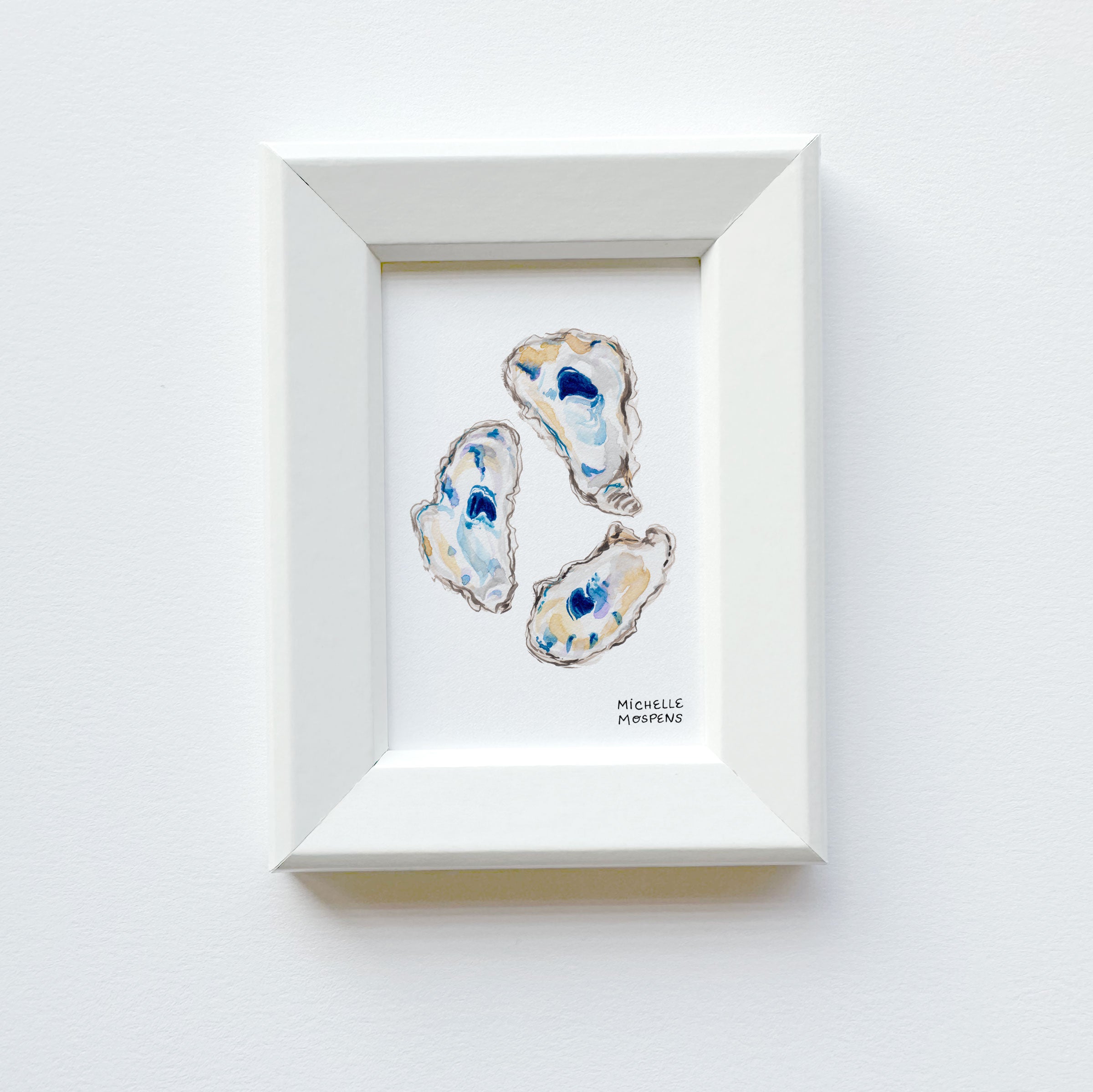 Miniature Oyster Shell Coastal Watercolor Art Painting Framed Print by Michelle Mospens | Mini Framed Oysters Artwork