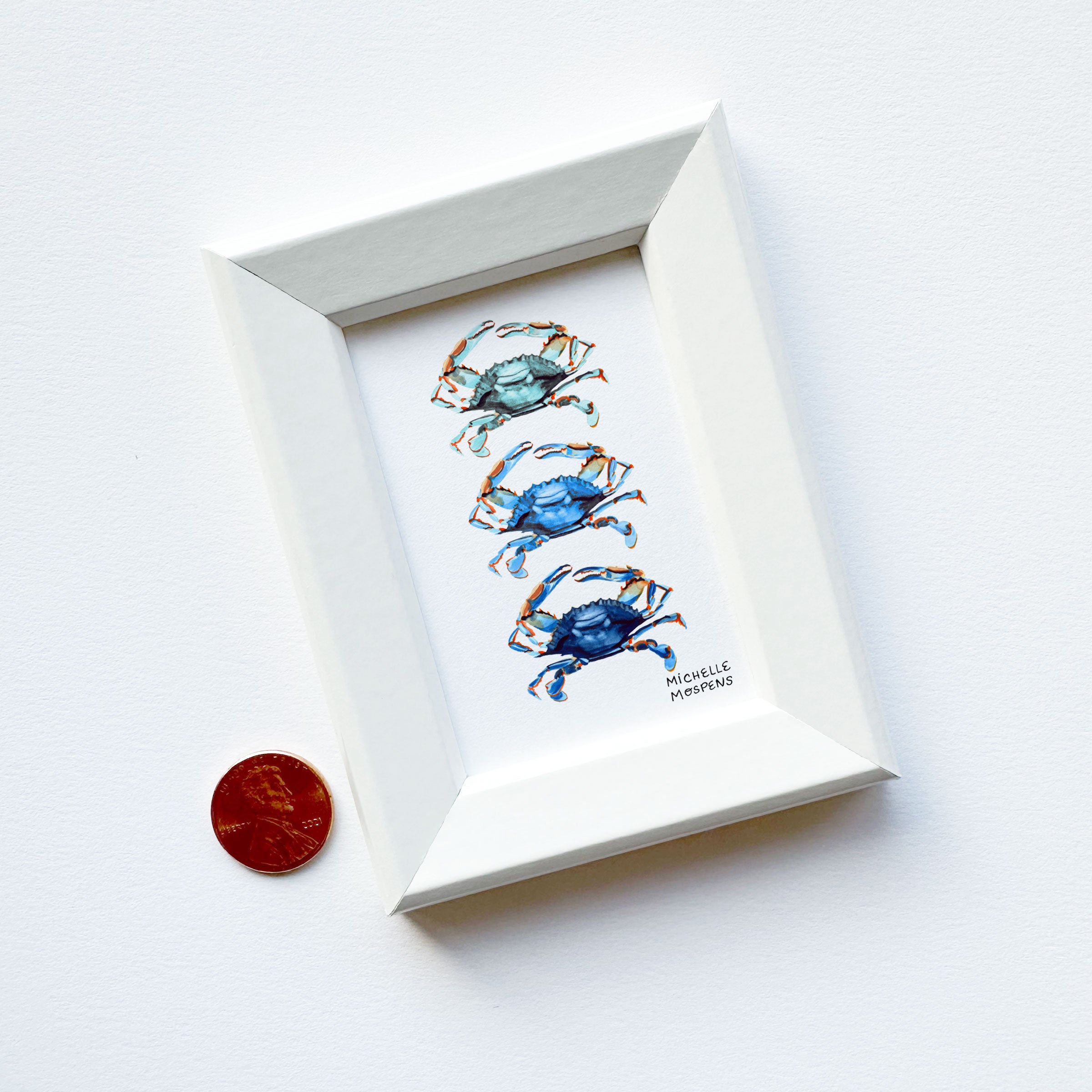Miniature Coastal Crabs Watercolor Art Painting Framed Print by Michelle Mospens | Mini Framed Nautical Crabs Artwork