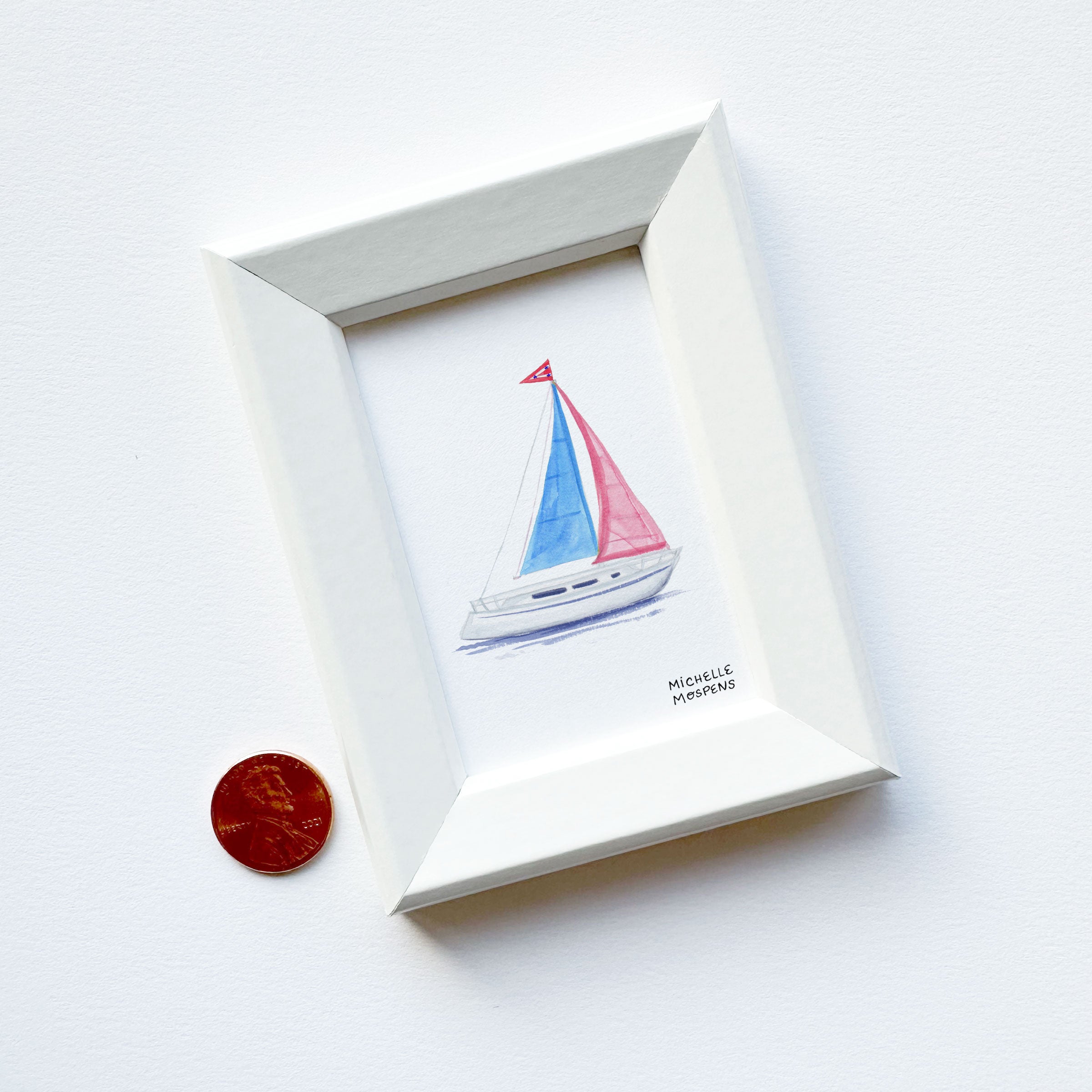 Miniature Sailboat Coastal Watercolor Art Painting Framed Print by Michelle Mospens | Mini Framed Nautical Artwork